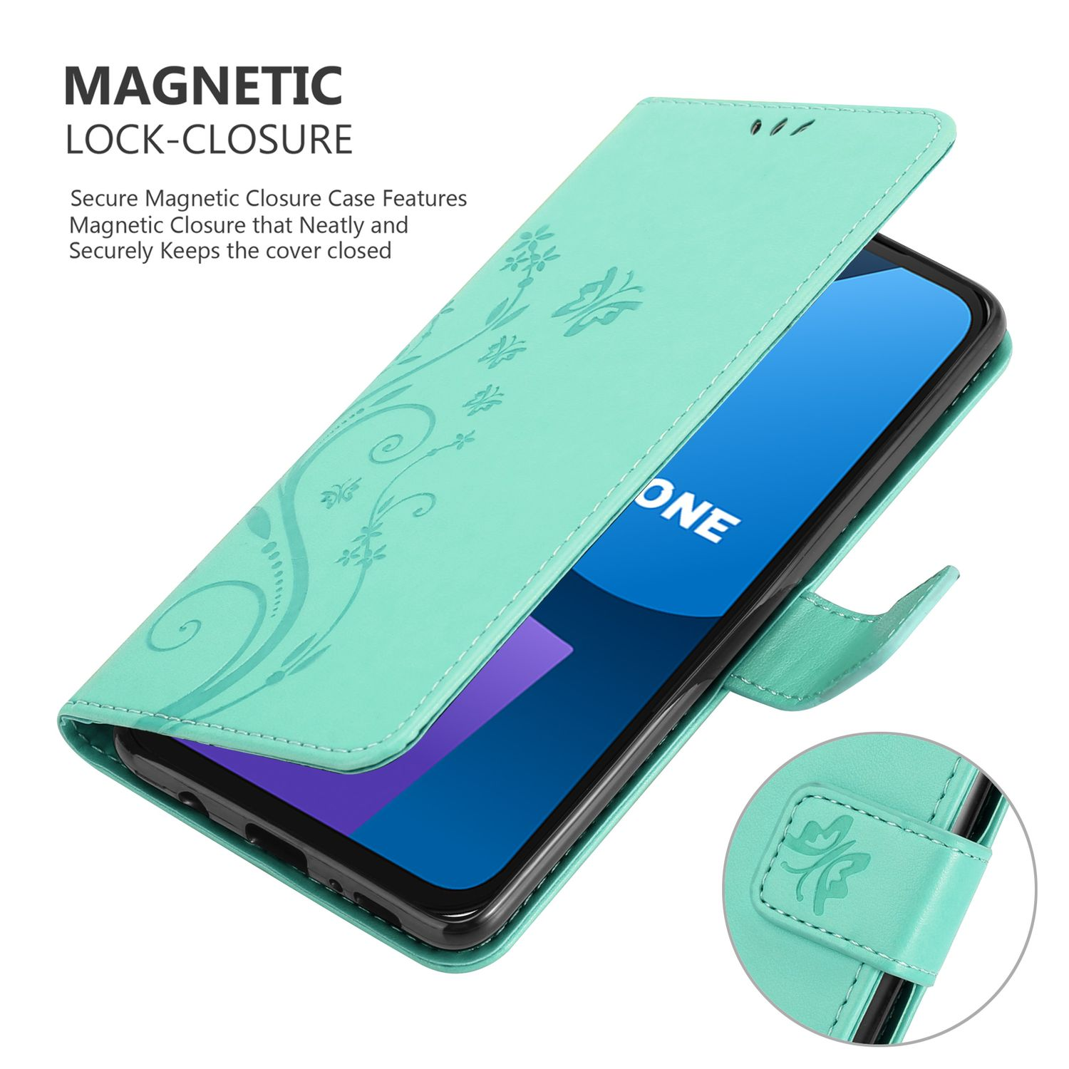 Türkisfarbenes Handy-Geldbörsenetui offen mit einem Telefon. Das Etui hat Blumendesign.