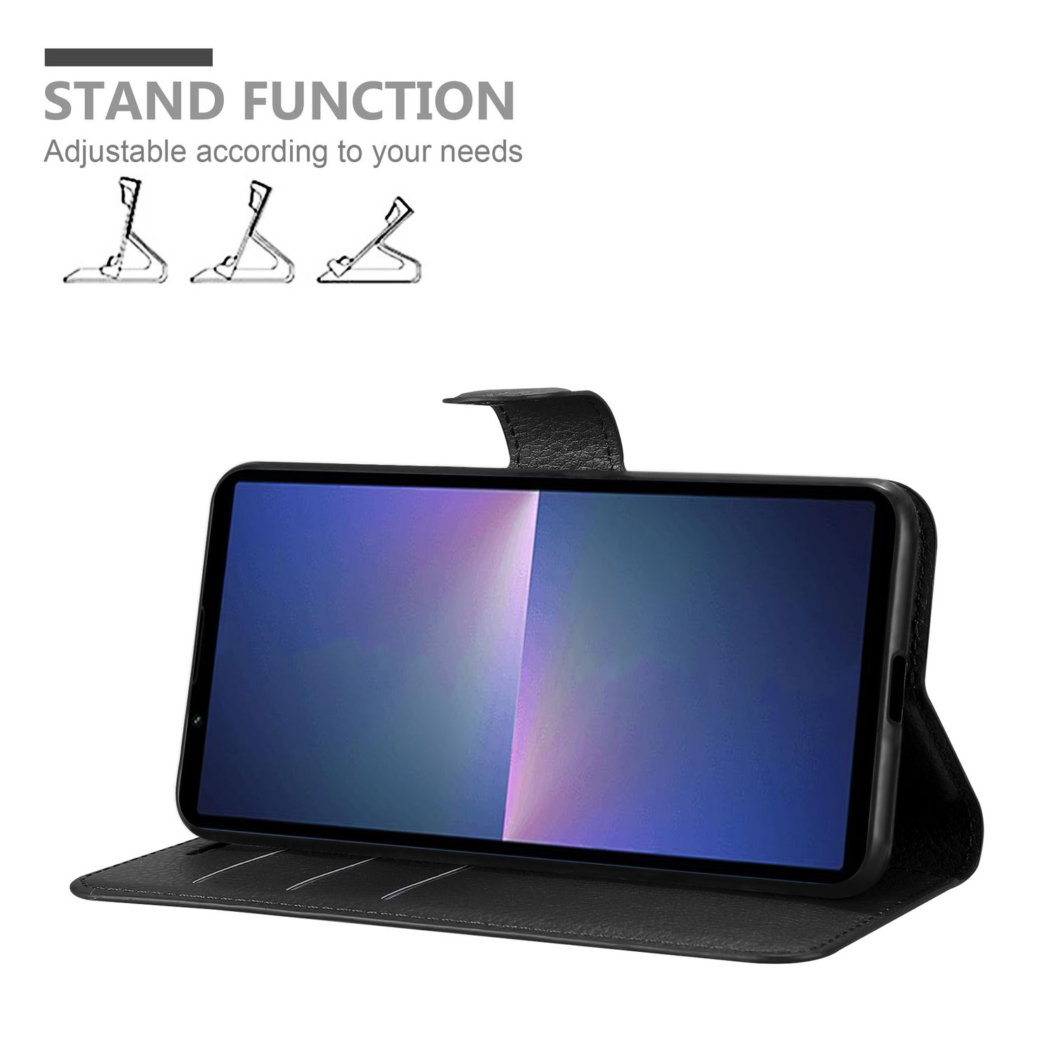 Schwarze Handyhülle mit Telefon im Inneren, im Ständermodus. Standfunktion wird mit drei Variationen beschrieben.