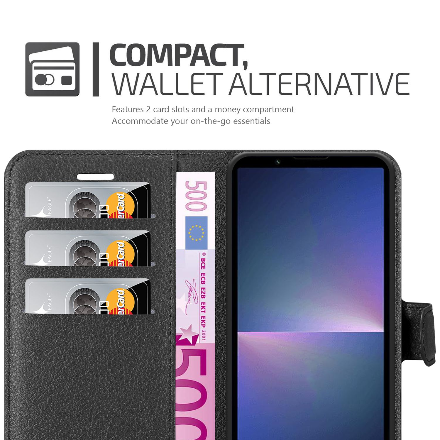 Brieftasche mit Kartenfächern, einer 500-Euro-Note und einem Telefon. Text: KOMPAKT, WALLET ALTERNATIVE.