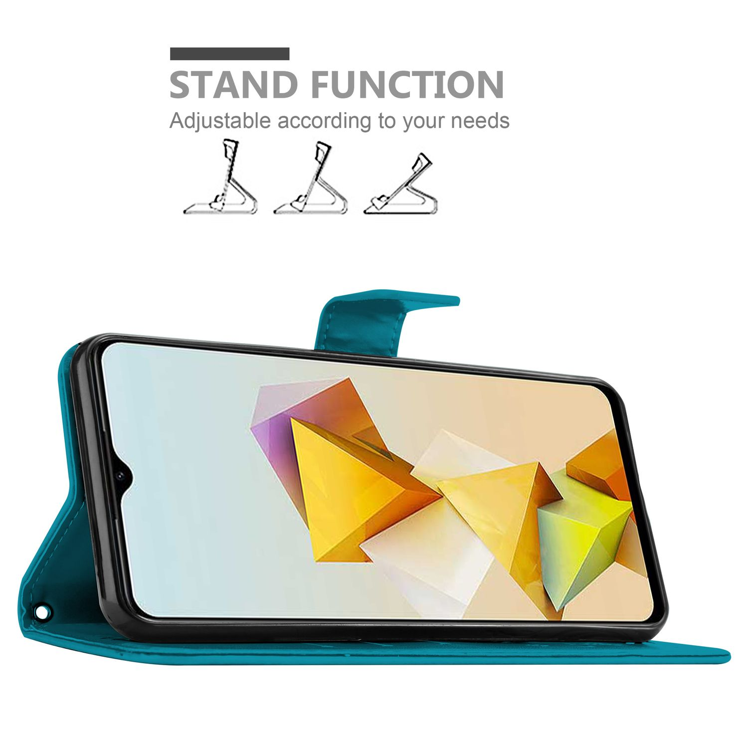 Türkisfarbene Handyhülle mit Telefon und Text zur Standfunktion. Weißer Hintergrund.