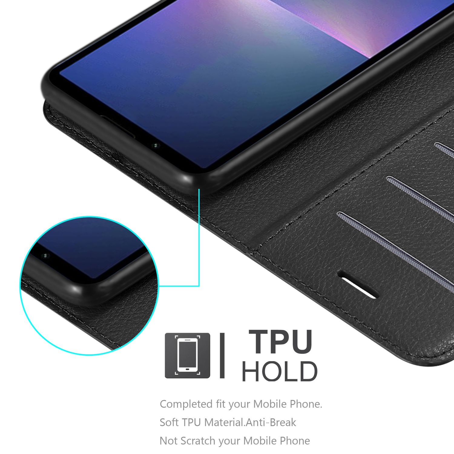 Schwarze Handyhülle mit Smartphone darin. TPU HOLD Text in einer Box. Schwarzer Hintergrund.