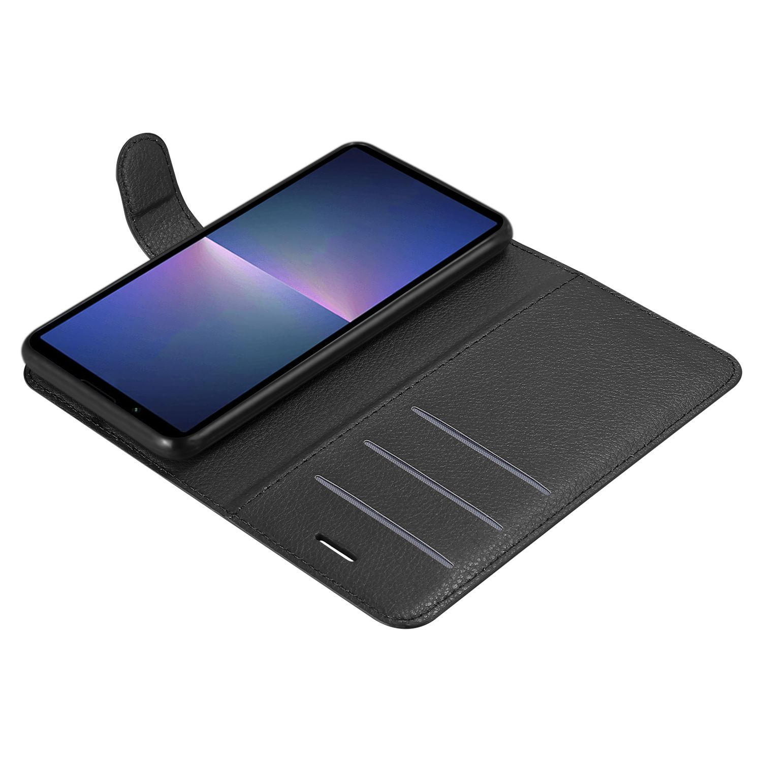 Schwarze Handyhülle offen mit einem Telefon darin. Die Hülle hat Kartenfächer.