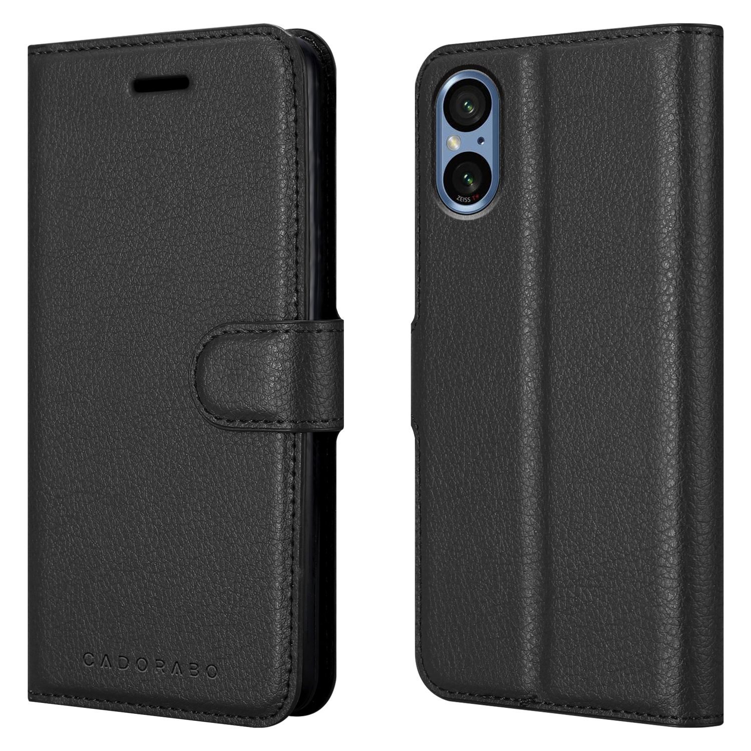 Schwarze Leder-Handyhülle, geschlossen und offen. Die offene Hülle zeigt das Telefon mit Kameralinsen.