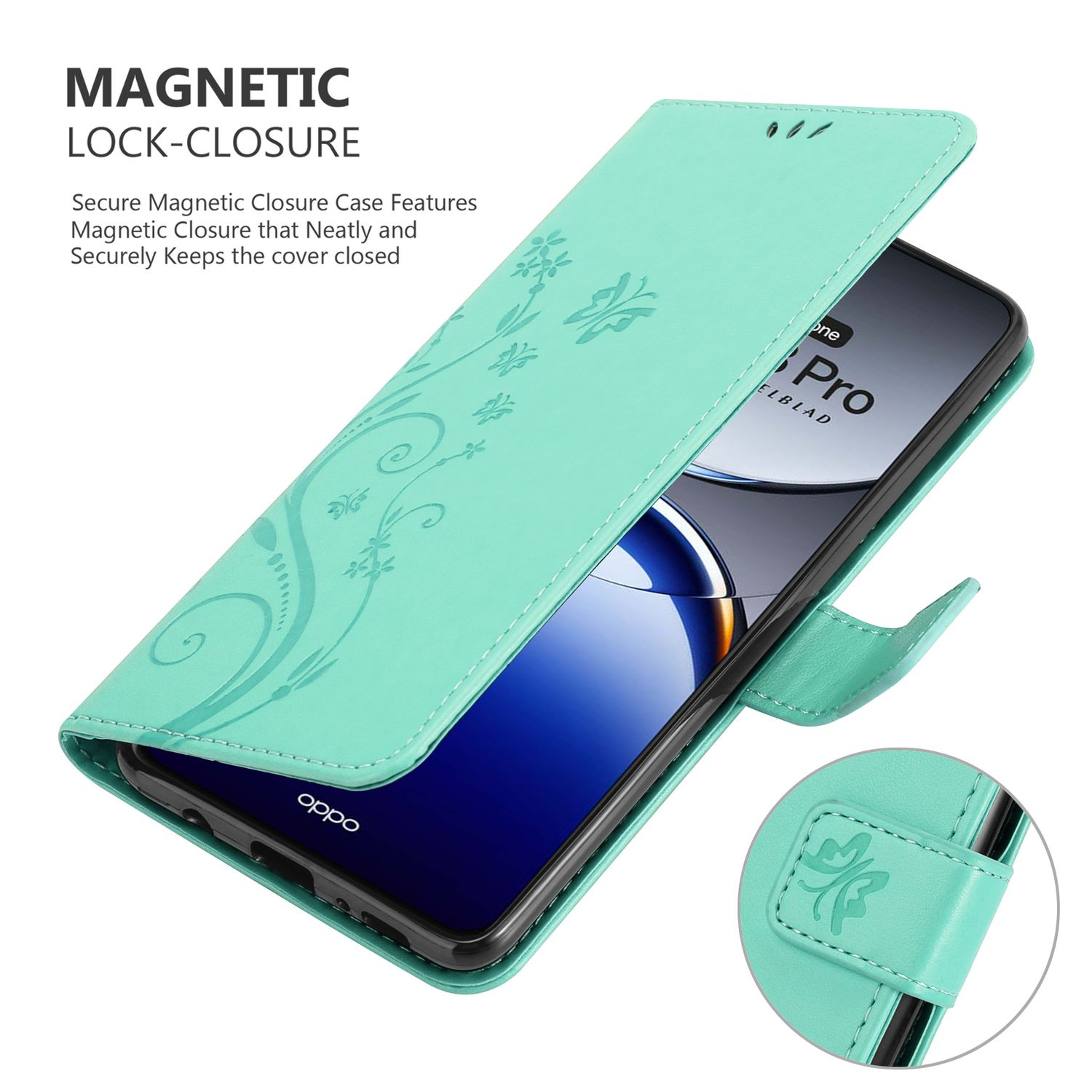 Geöffnete türkisfarbene Handyhülle mit Telefon. Blumendesign und Schnalle.