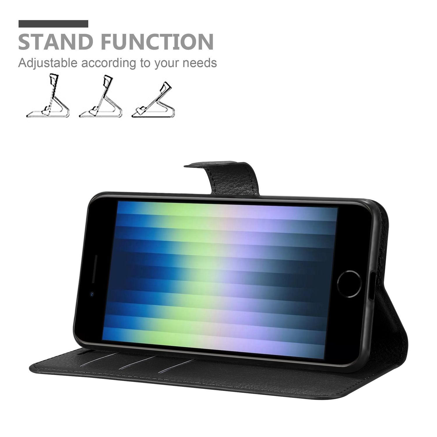 Schwarze Handyhülle mit Telefon darin, als Ständer aufgestellt. Standfunktion Diagramm.