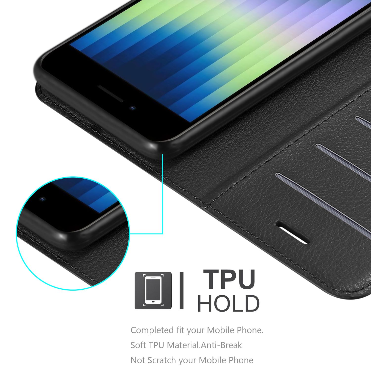 Telefon in schwarzer Lederhülle mit TPU-Haltedetail. Der Bildschirm des Telefons ist sichtbar.