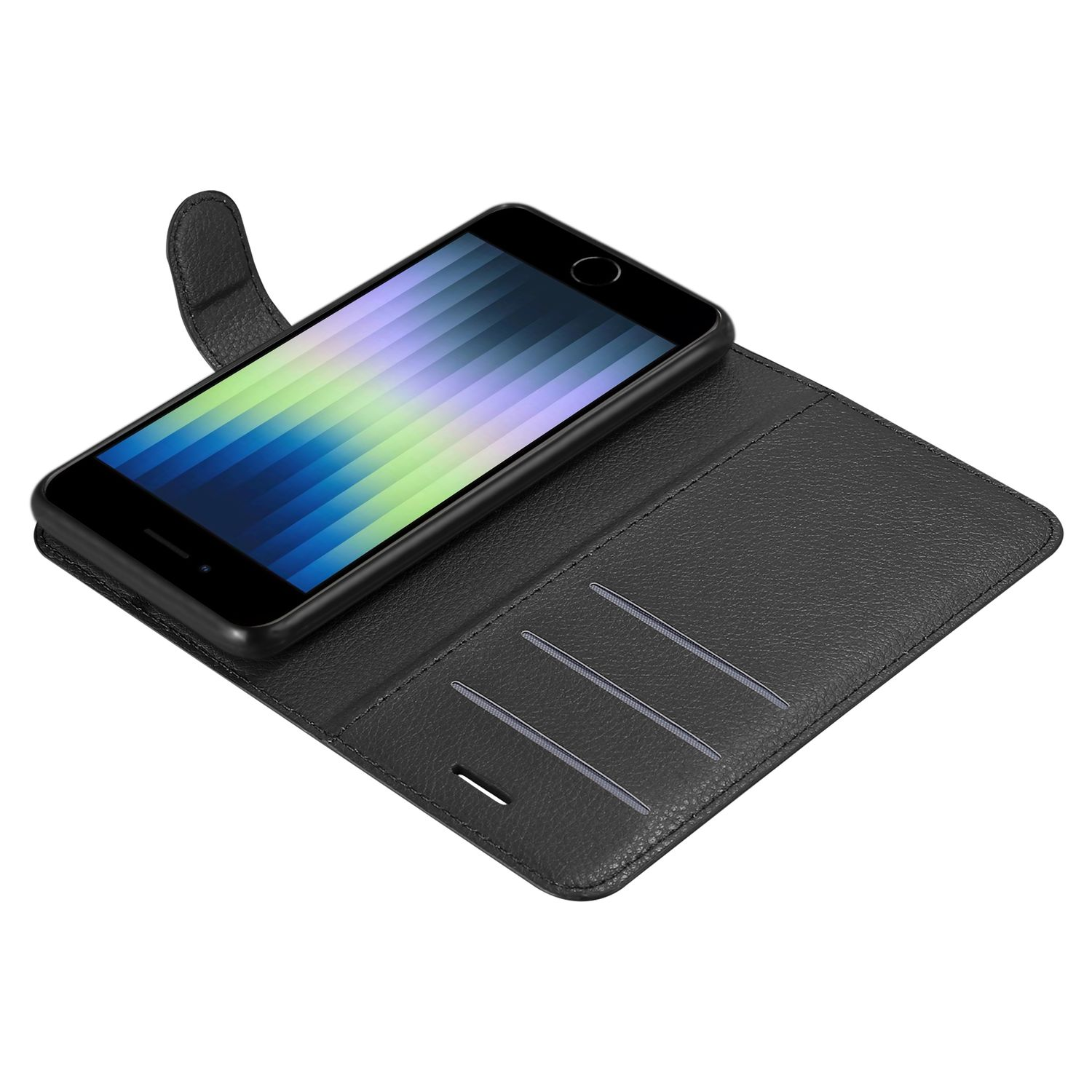 Schwarze Handyhülle, offen, mit Telefon darin. Drei Kartenfächer sichtbar. Weißer Hintergrund.