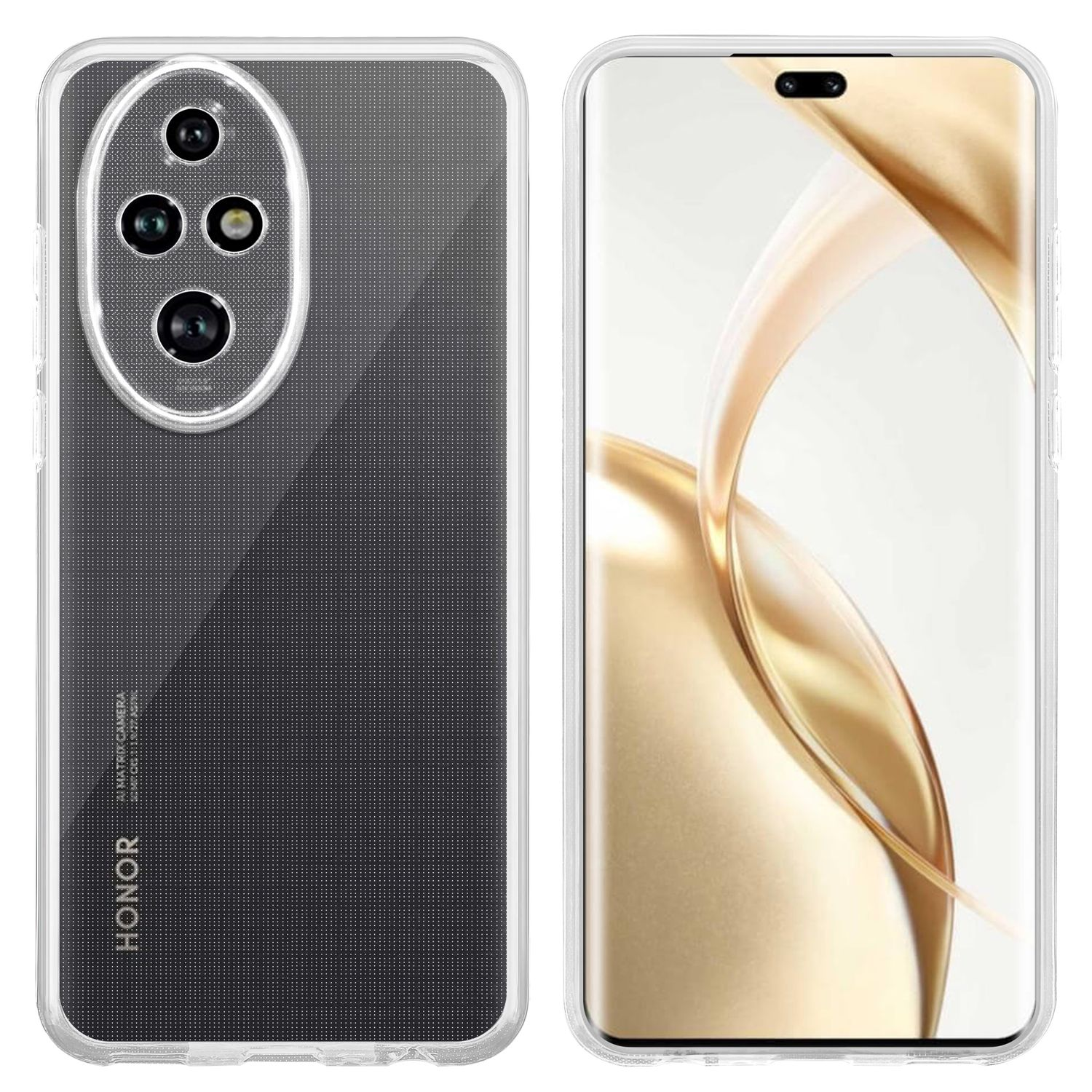 Zwei transparente Handyhüllen, eine mit schwarzem Telefon und die andere zeigt die Rückseite.