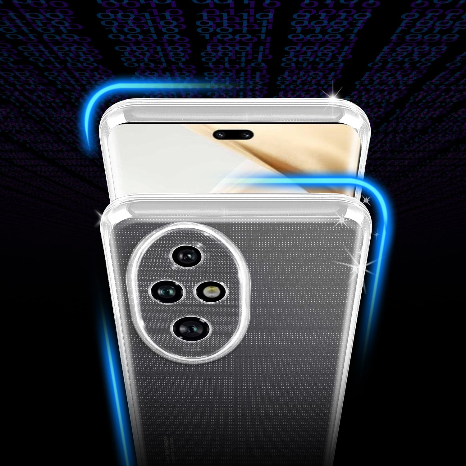 Klare Handyhülle über einem schwarzen Telefon. Binärcode-Hintergrund. Hülle hebt das Kameramodul hervor.