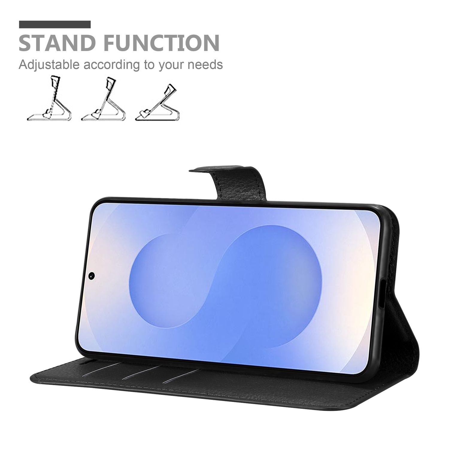 Ein Telefon in schwarzer Hülle, offen, um den Bildschirm anzuzeigen, mit Illustrationen der Standfunktion.