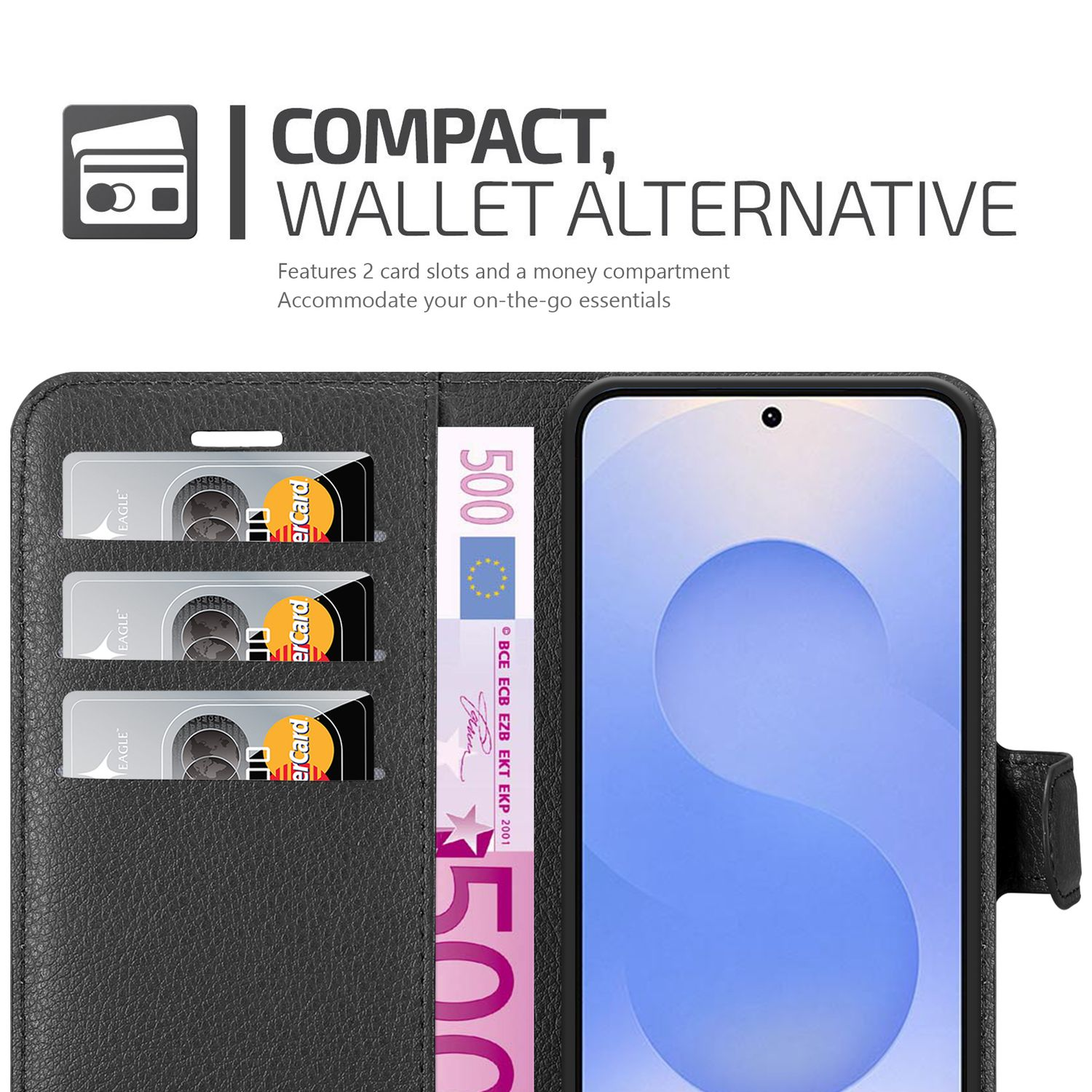 Schwarze Handy-Geldbörse, offen mit Karten und Geld. Kompaktes Design mit Kartenfächern und Geldfach.