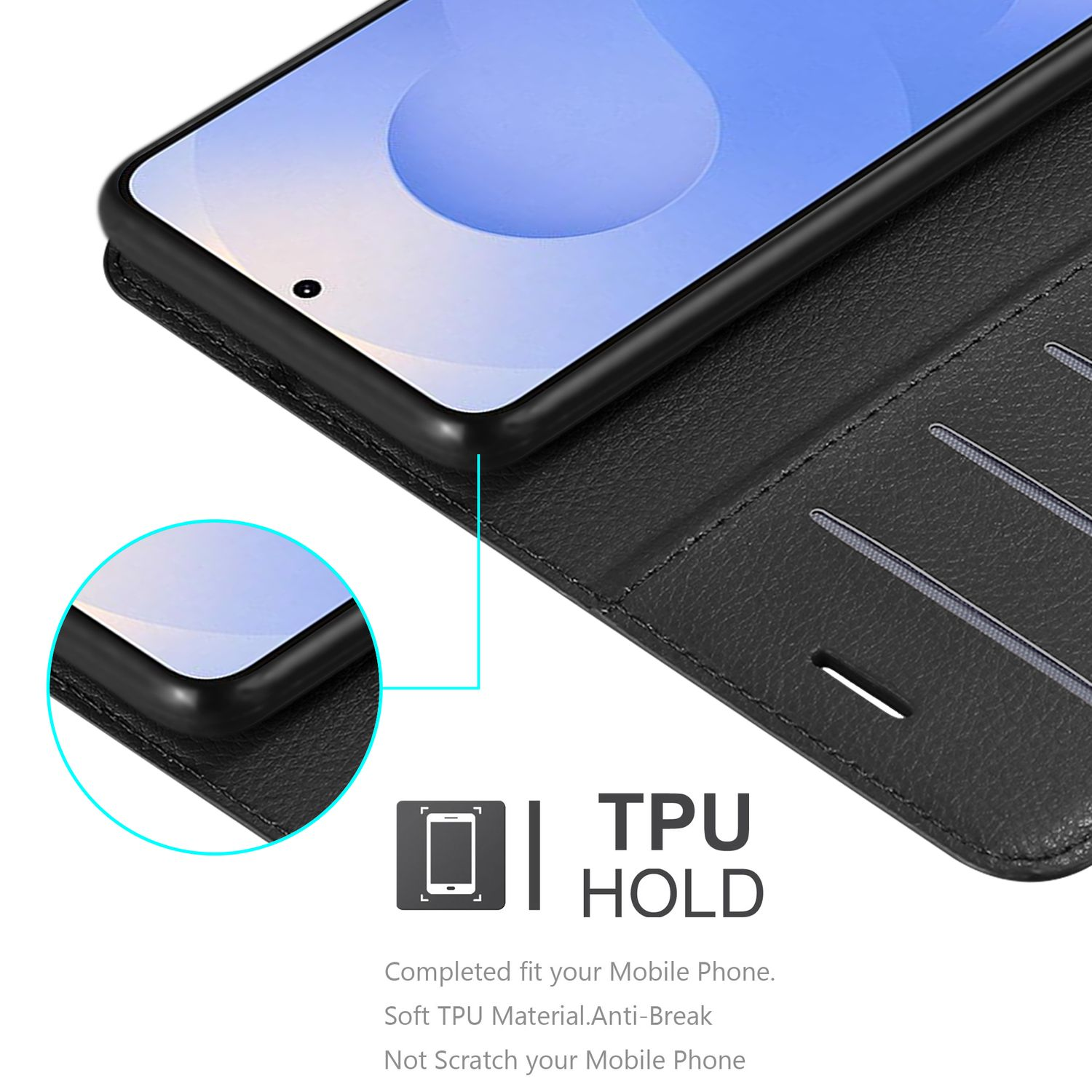 Die Innenseite einer Handyhülle mit Kartenfächern, die die TPU-Halterung für das Telefon zeigt.