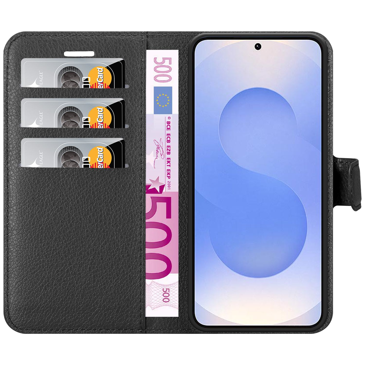 Schwarzes Handy-Brieftasche geöffnet, mit Karten und Euro-Scheinen. Telefonbildschirm ist sichtbar.
