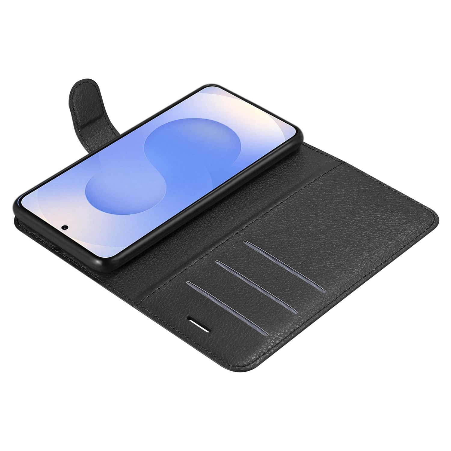 Schwarzes Telefon in einer Hülle, offen. Der Bildschirm des Telefons ist sichtbar und die Hülle hat Kartenfächer.