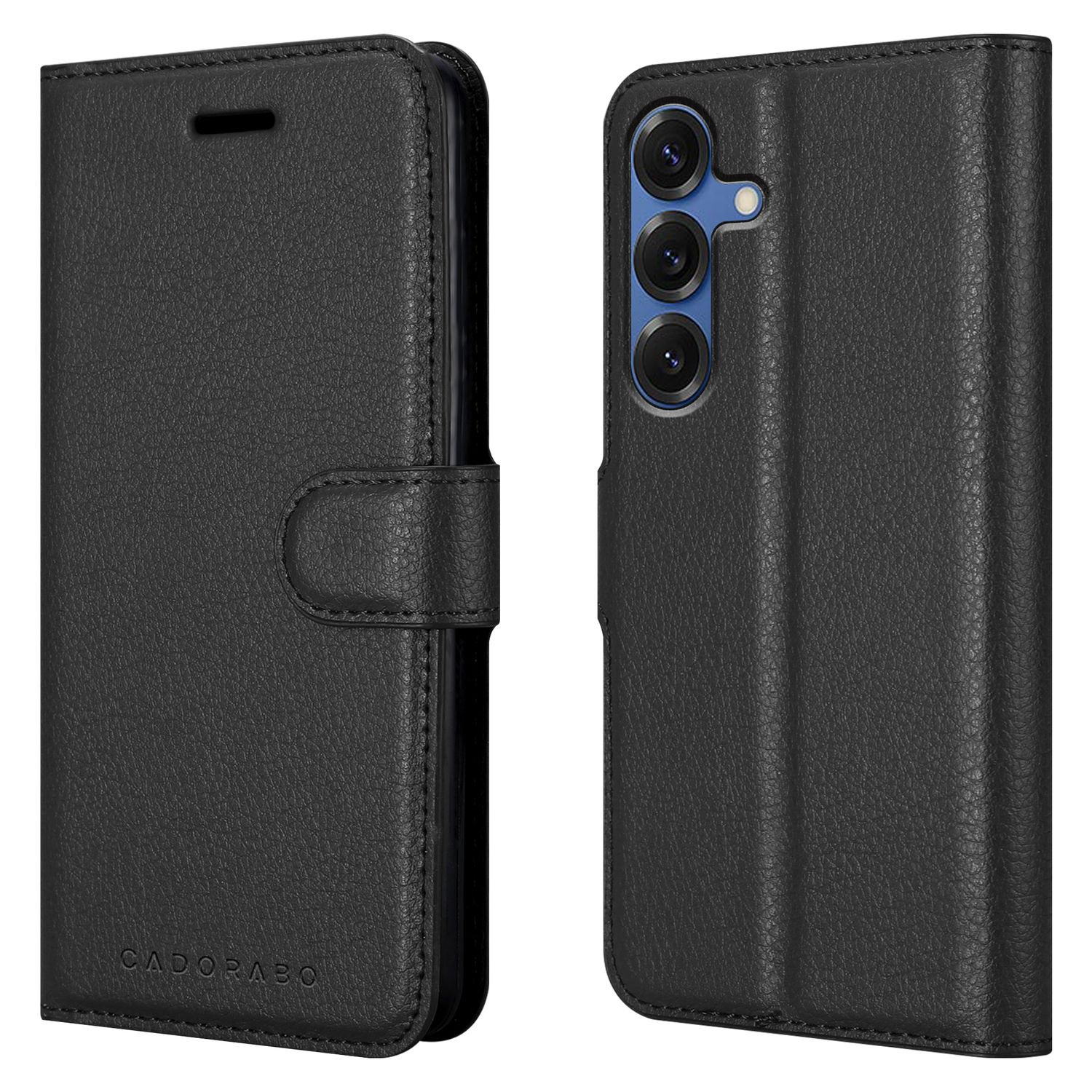 Schwarze Handyhülle mit Telefon darin, offen. Mit Knopfverschluss und der Marke Cadorabo.