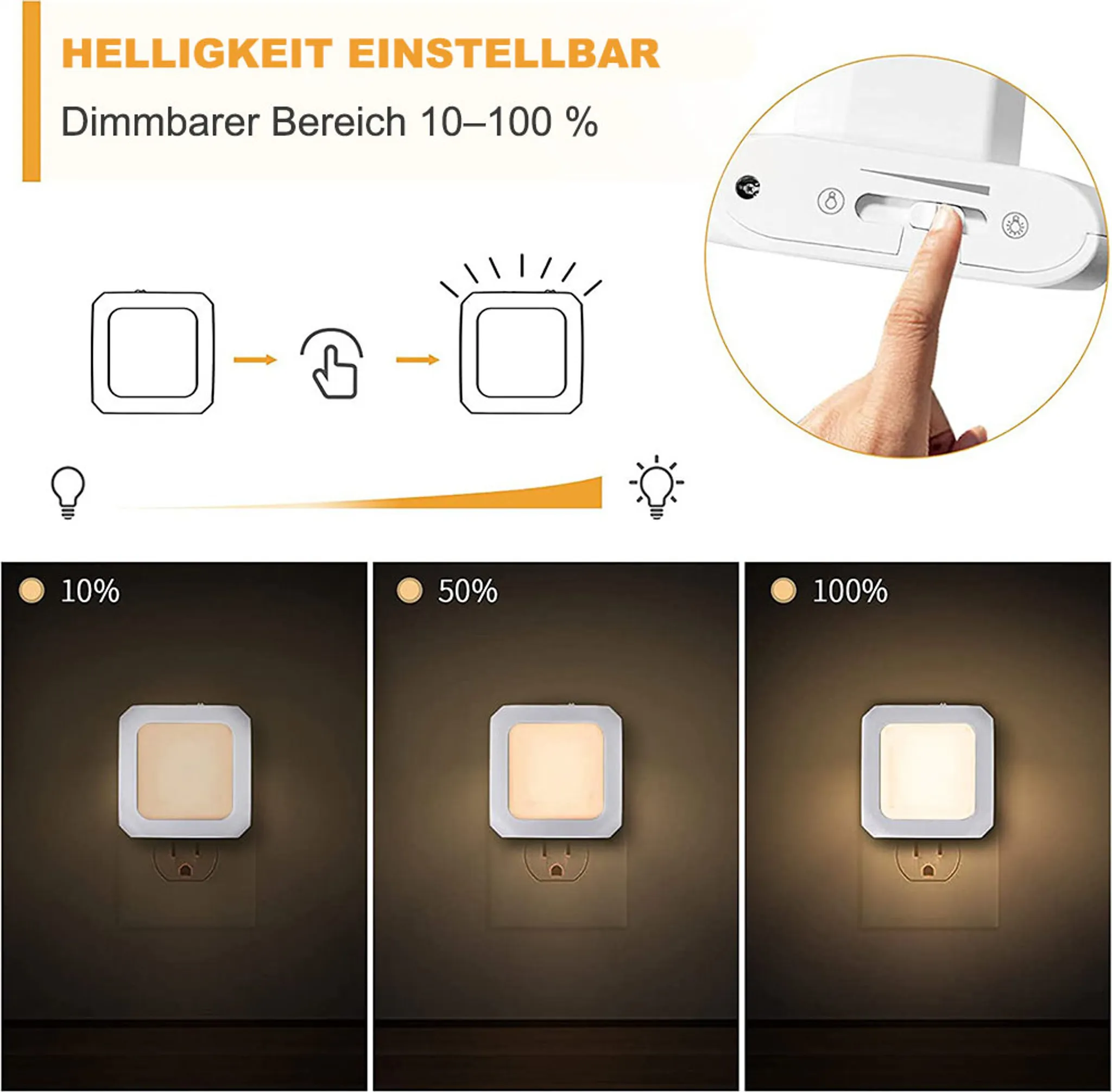 Diagramm eines dimmbaren quadratischen Lichts. Zeigt die Helligkeitsstufen bei 10%, 50% und 100%.