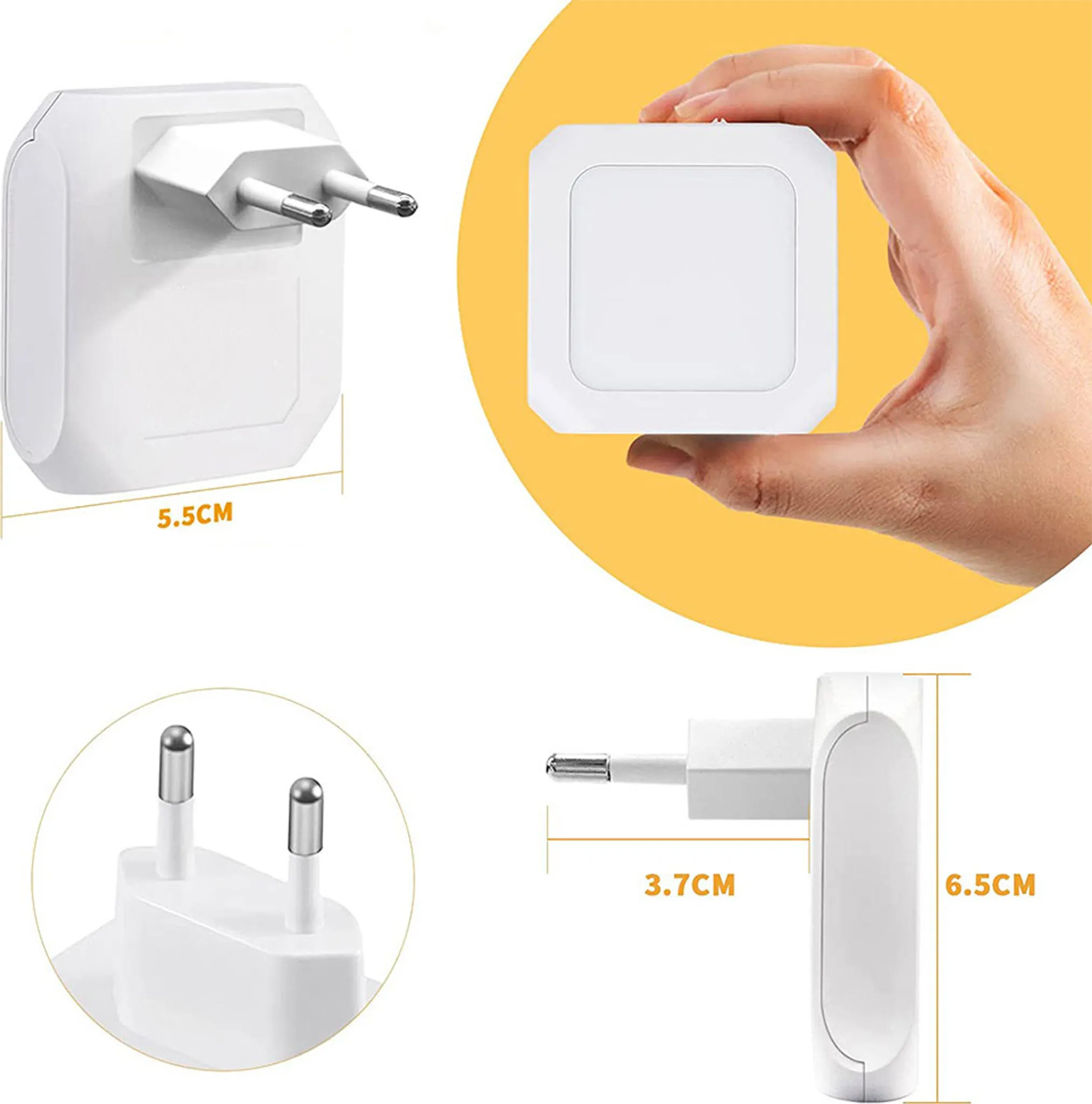 Weißer elektrischer Adapter mit zwei Stiften. Einer wird von einer Hand gehalten. Abmessungen sind angegeben. Gelber Hintergrund.