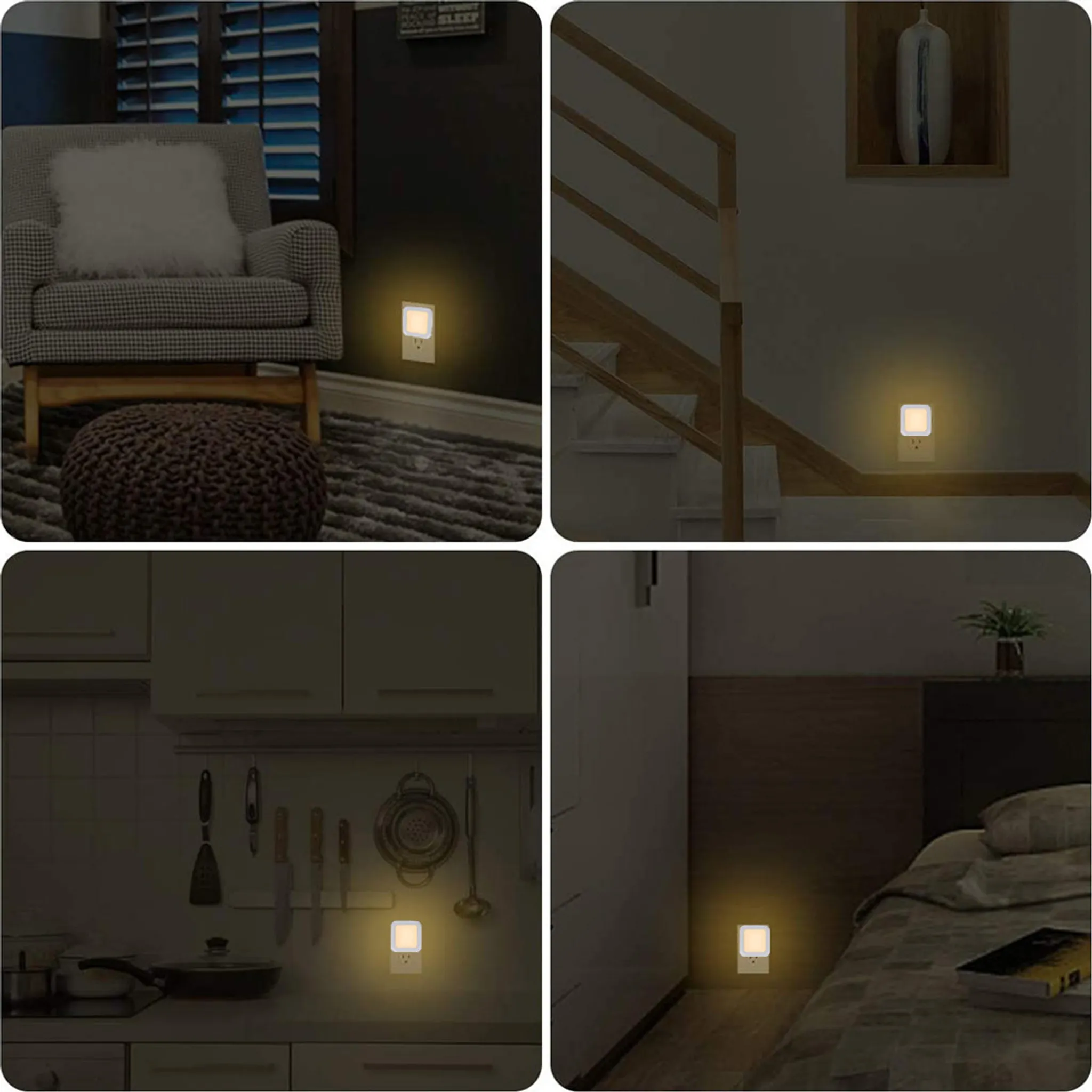 Nachtlichter, die in Steckdosen in verschiedenen Räumen eingesteckt sind. Die Lichter sind klein und quadratisch und strahlen sanft.
