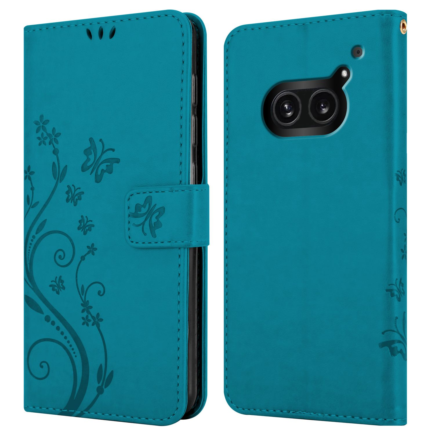 Türkisfarbene Handyhülle offen, zeigt Telefon, Blumendesign und Schmetterlingsdetails.