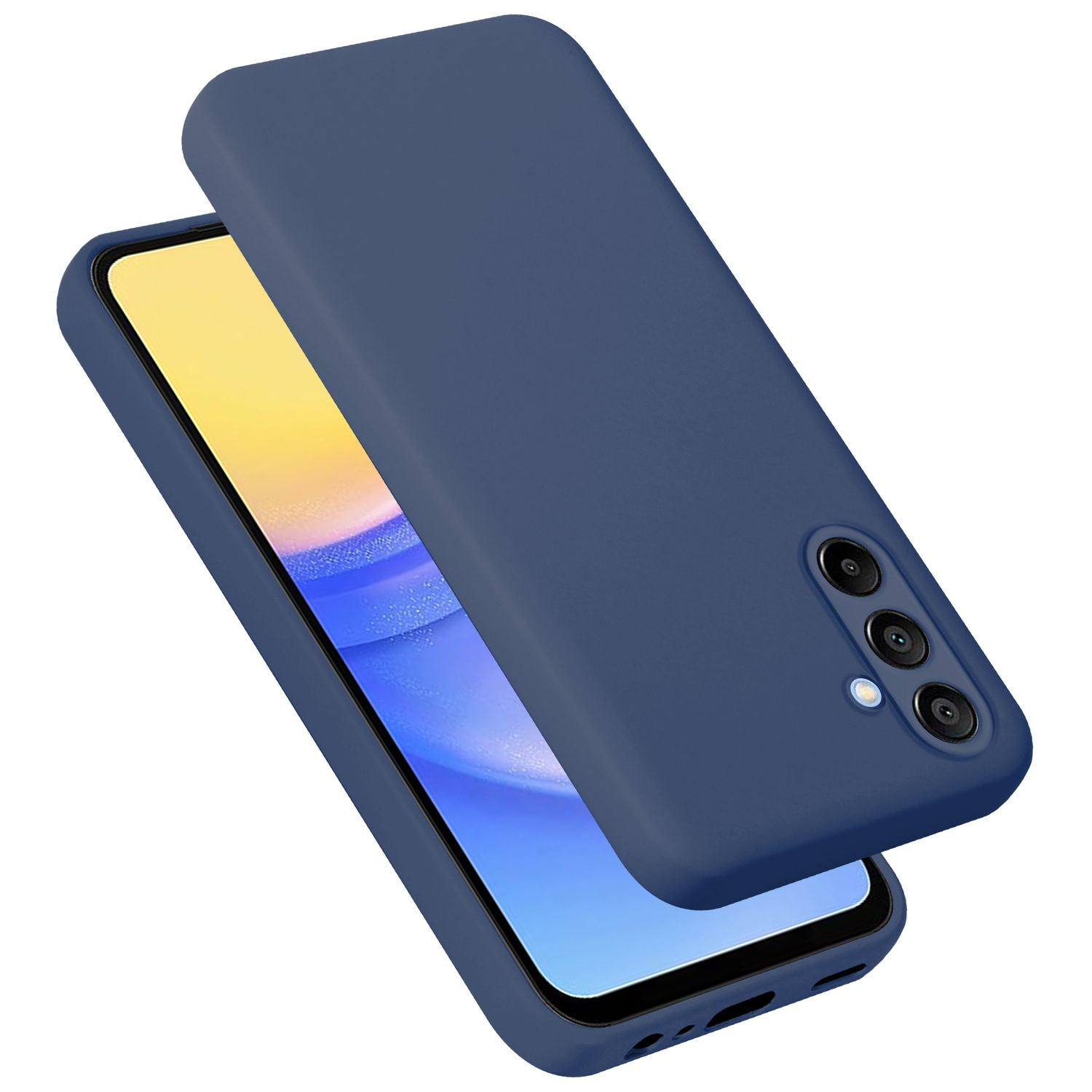 Blaue Handyhülle mit Telefon darin, liegt auf weißem Untergrund.