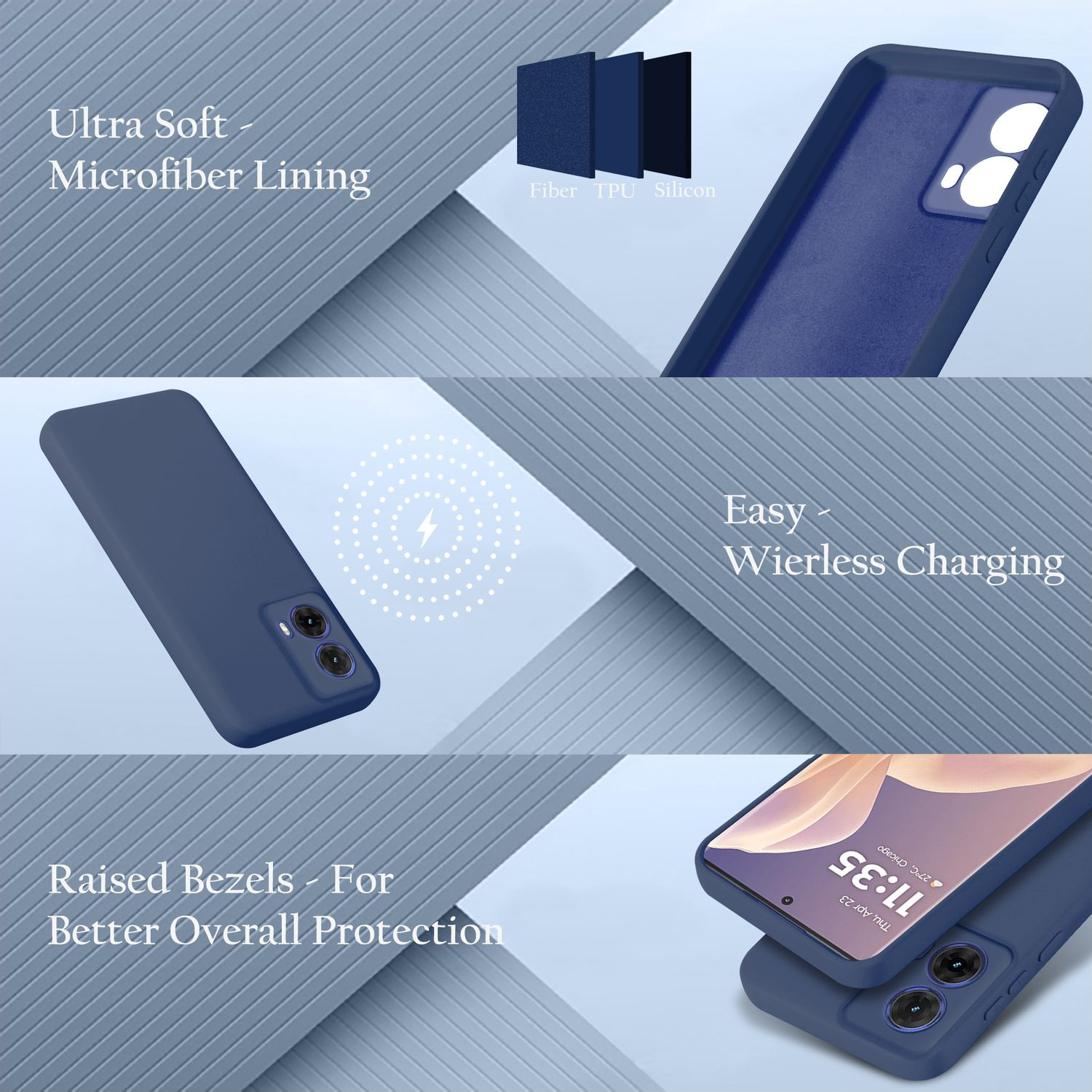 Blaues Handycase zeigt Merkmale: Mikrofaserfutter, TPU, Silikon und kabelloses Laden, auf blauem Hintergrund.