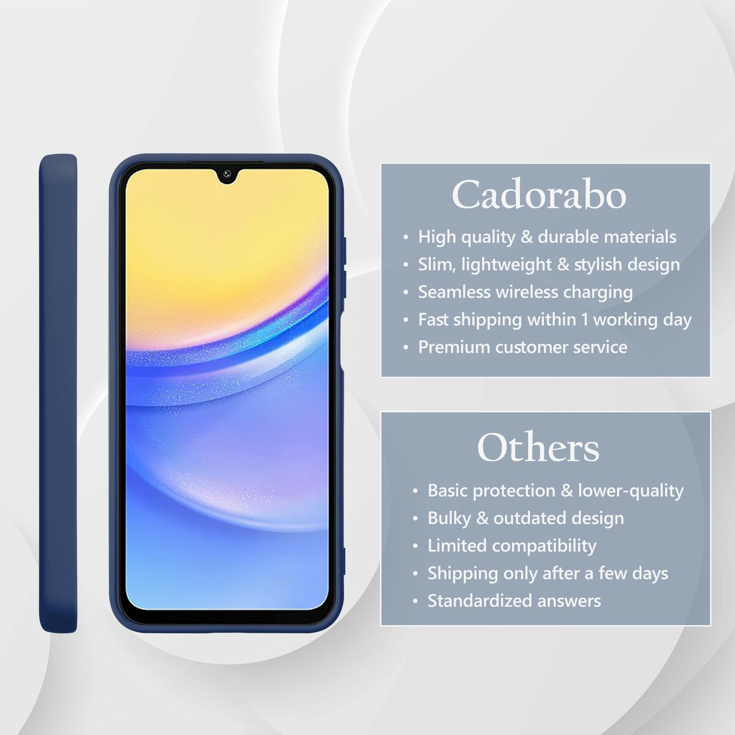 Handyhülle und Telefon, mit Text zum Vergleich der Qualität und Merkmale von Cadarabo und anderen Hüllen.