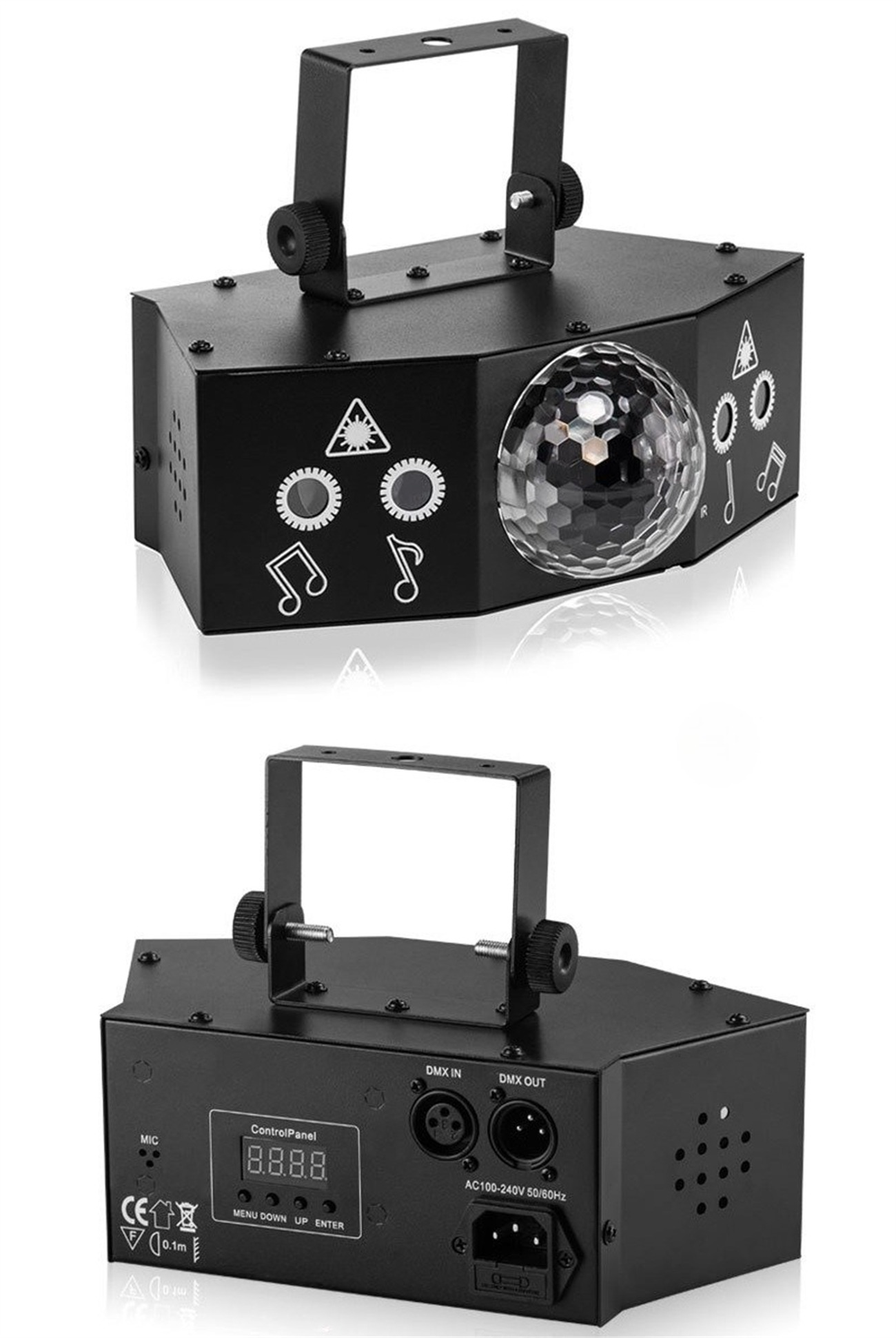 Schwarzes Bühnenlicht mit Griff, Knöpfen und Disco-Kugeleffekt. Symbole und Noten sind sichtbar.