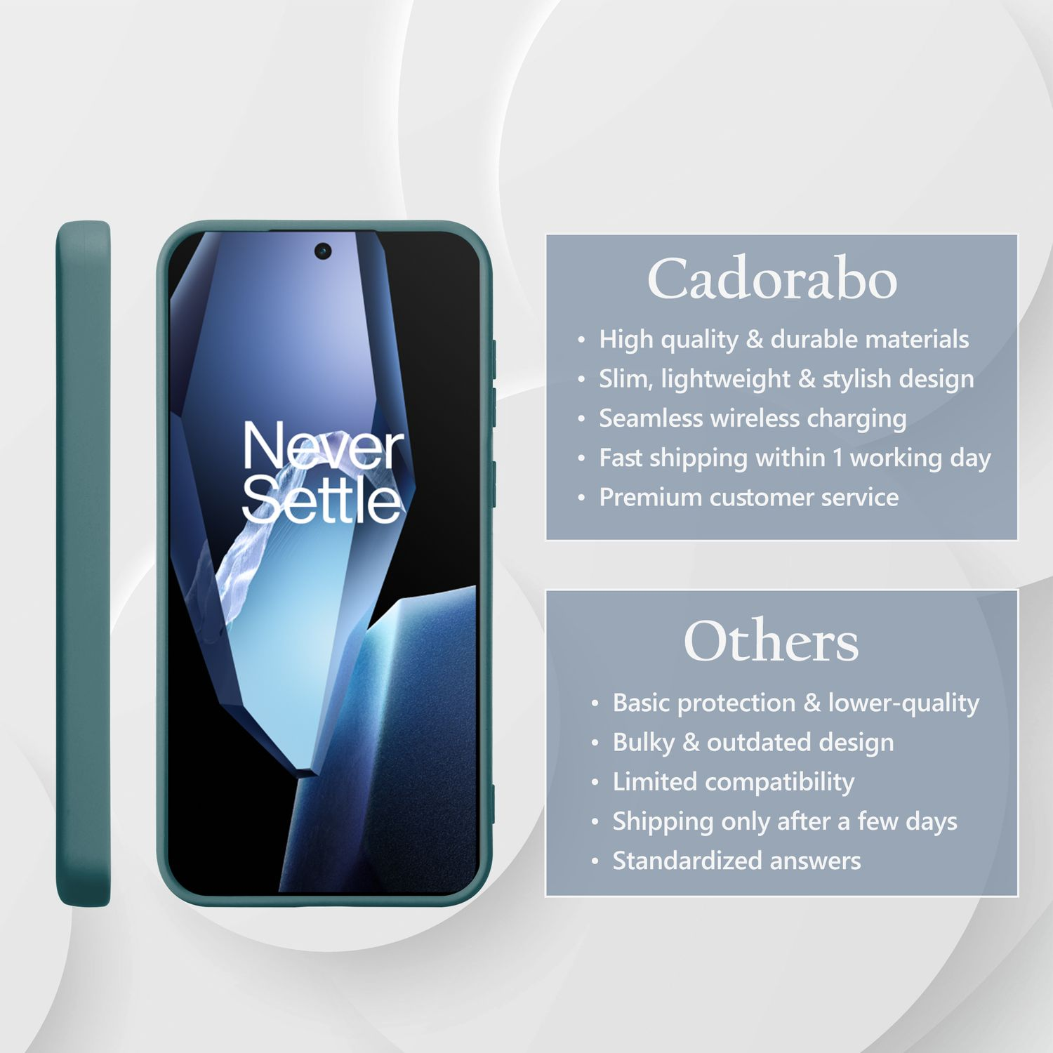 Türkisfarbene Handyhülle und Telefon. Text auf dem Telefon lautet 'Never Settle'. Funktionsvergleich.