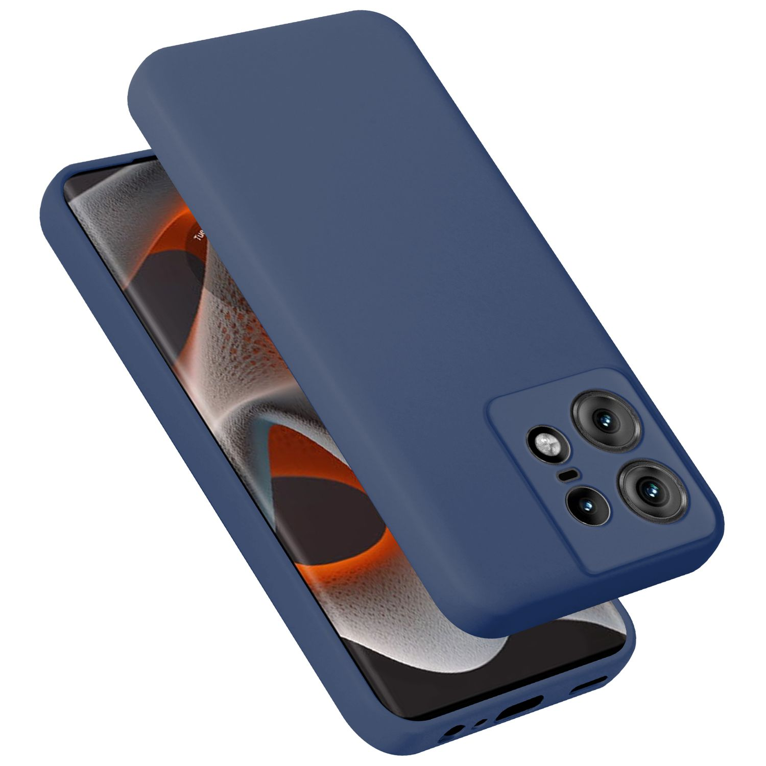 Eine blaue Handyhülle mit einem Telefon, das einen Bildschirm mit einer orangefarbenen und weißen Grafik zeigt.
