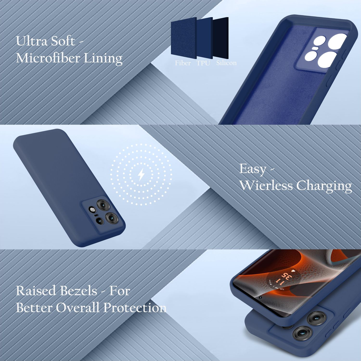 Dunkelblaue Handyhülle mit Telefon darin und Text über Funktionen.