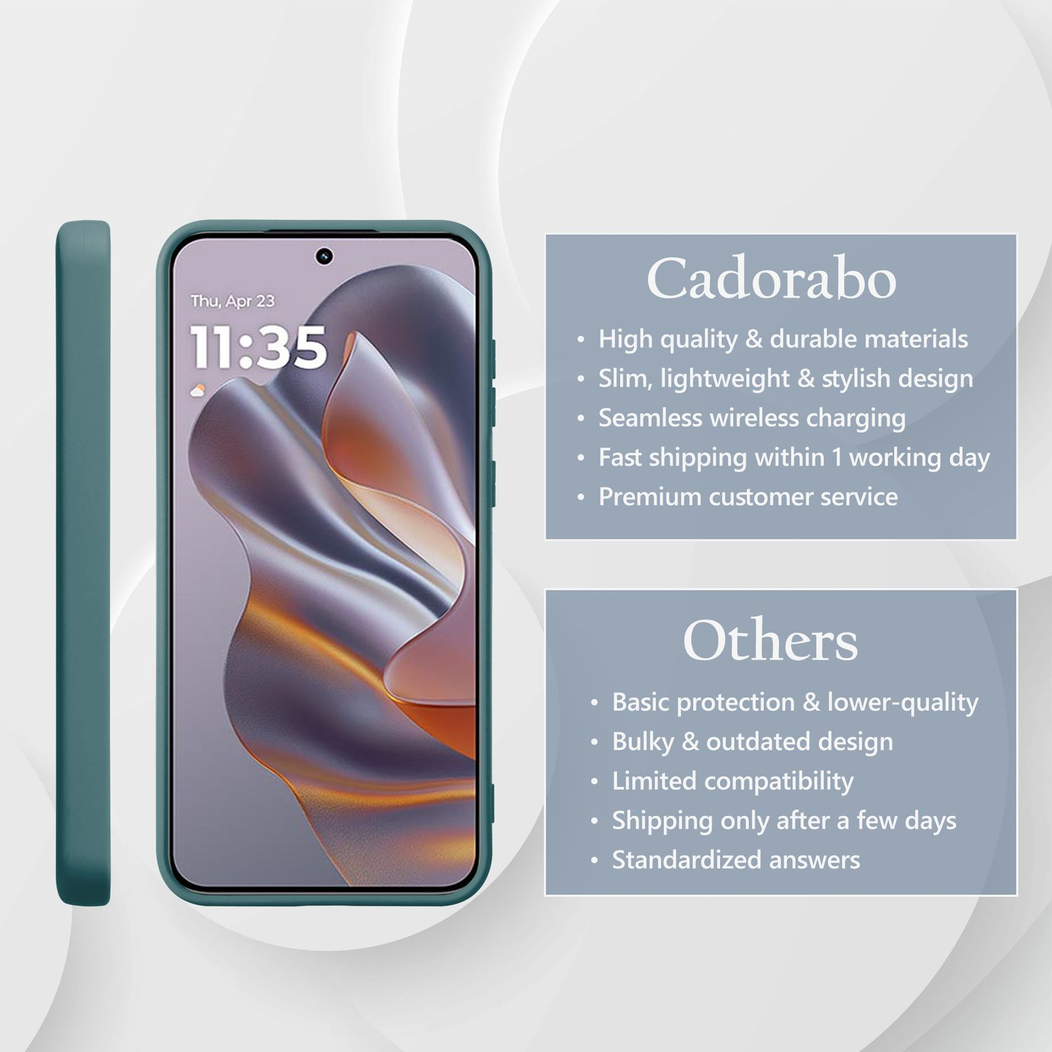 Ein Telefon in einem grünen Etui mit einem Vergleich von Cadarabo und anderen Handyhüllen.