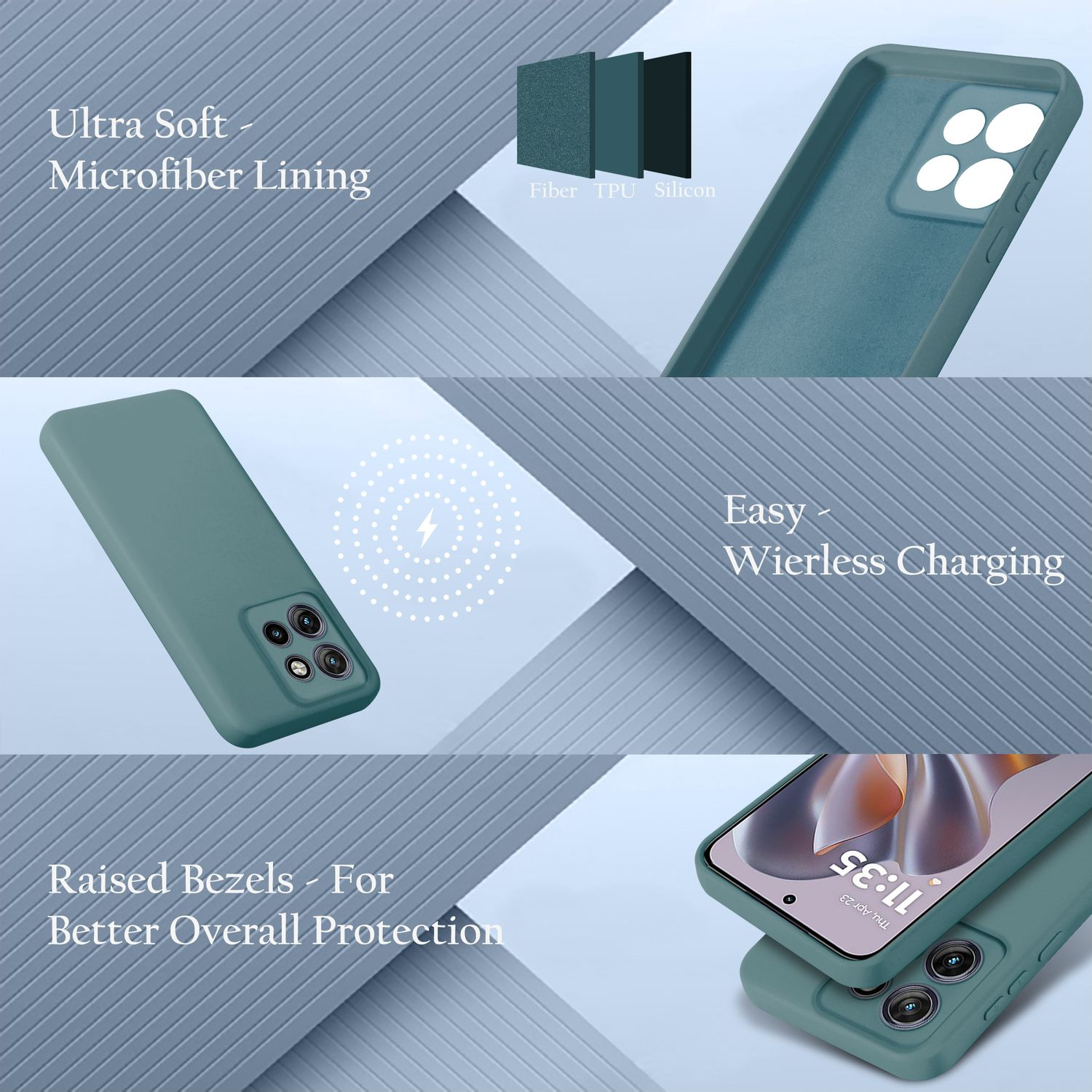 Ein Telefon und seine Hülle in Türkis. Zeigt die Schichtung und die Materialzusammensetzung.