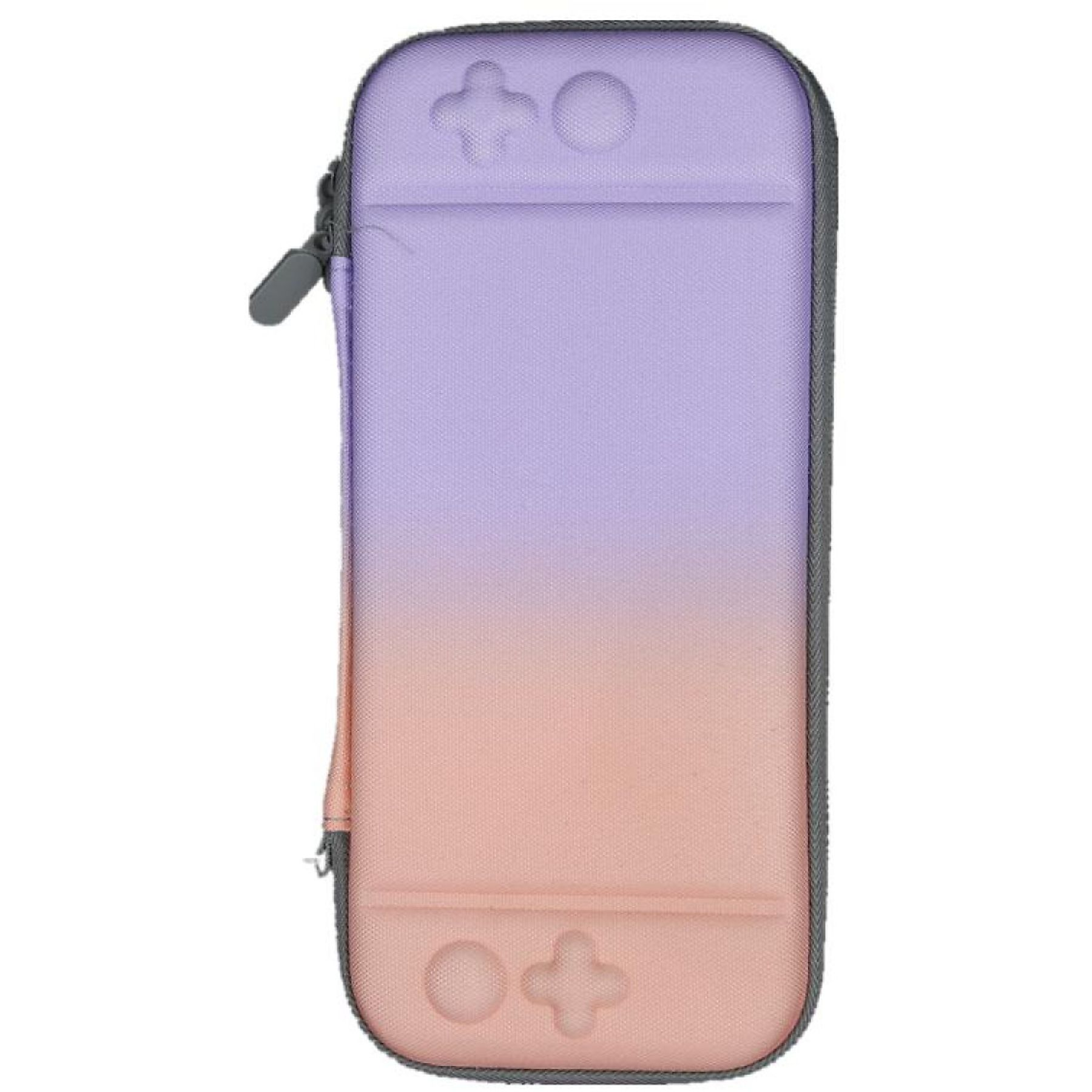 Eine Switch-Tragetasche mit einem Farbverlauf von Lila nach Orange. Sie hat einen Reißverschluss und Controller-Tasten.