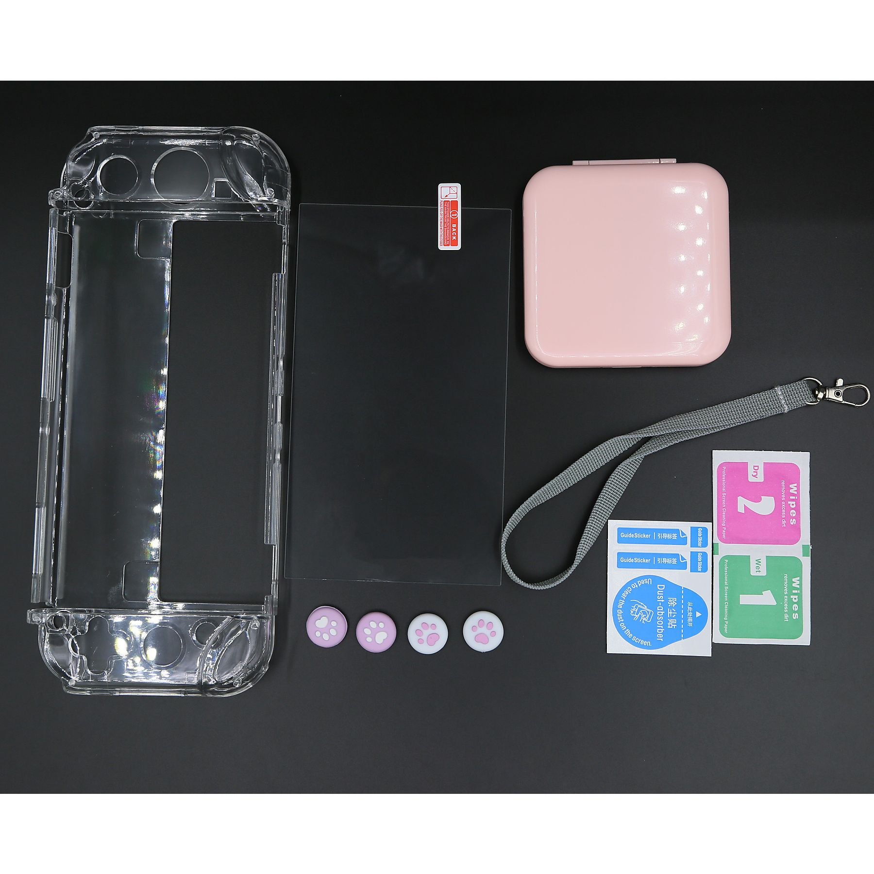 Eine Sammlung von Telefonzubehör: eine transparente Hülle, Displayschutzfolie, Tücher und eine rosa Hülle.