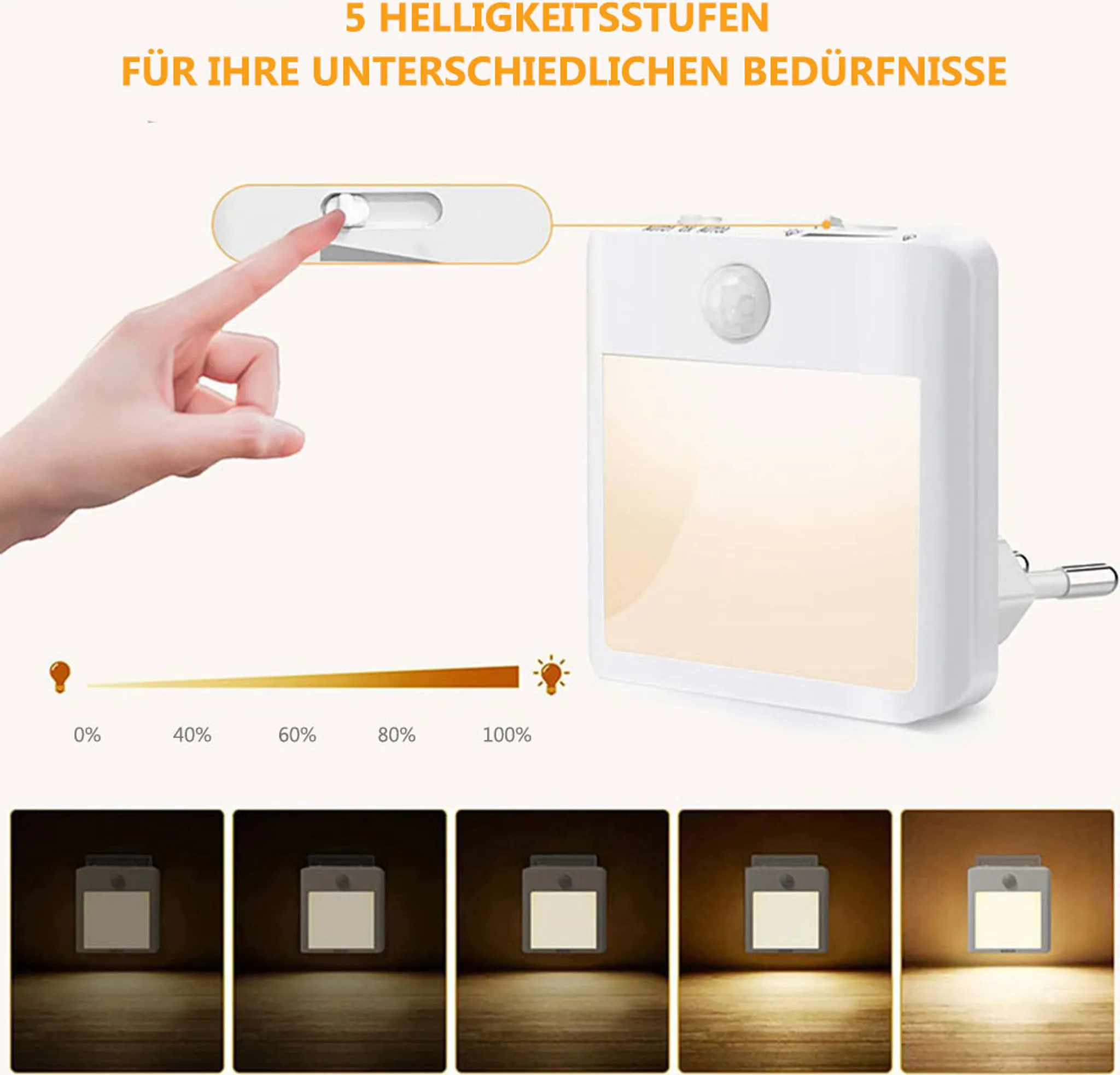 Weißes Nachtlicht mit 5 Helligkeitsstufen. Hand berührt das Licht.