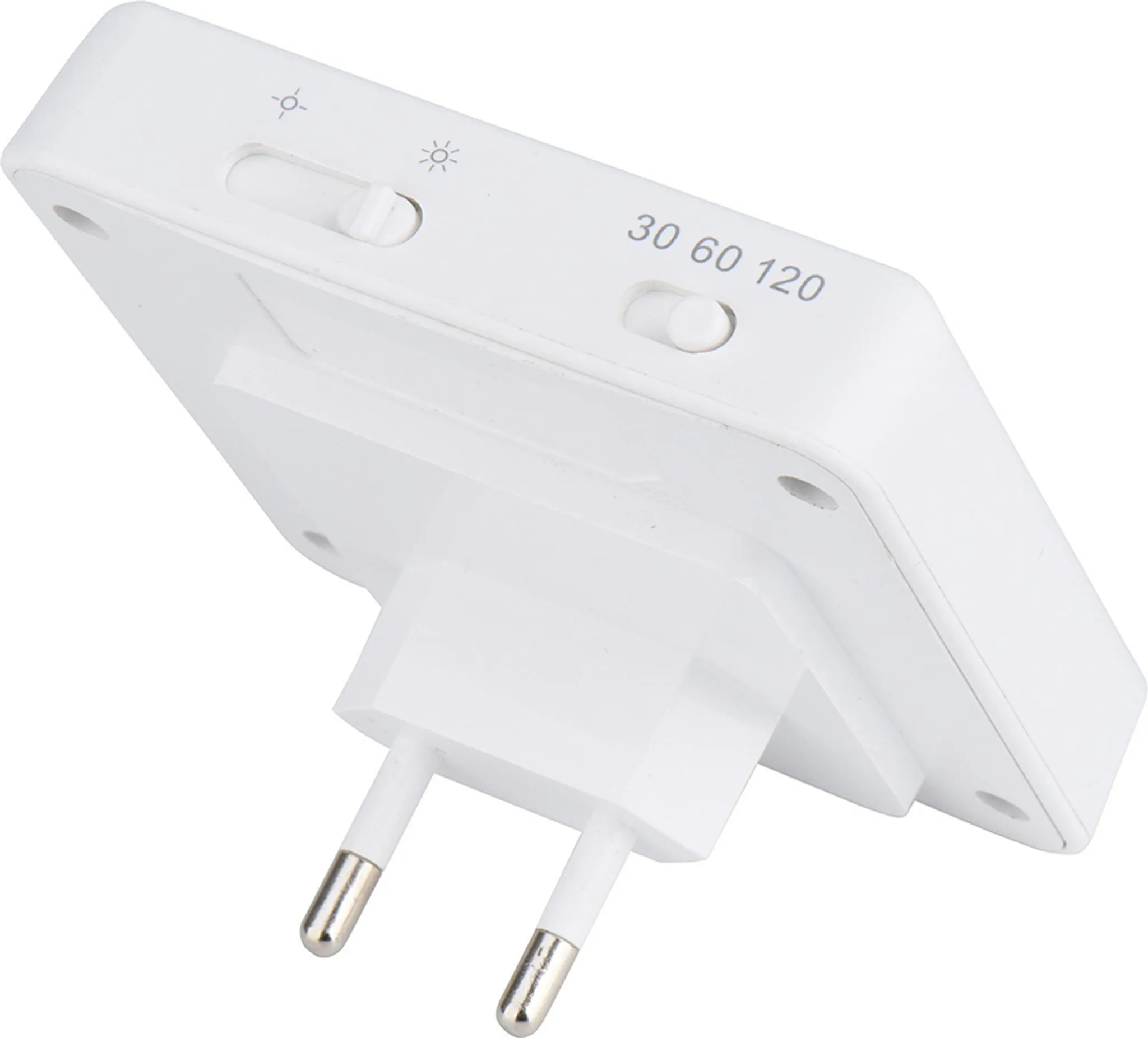 Weißer Timer mit Stecker, zwei Schaltern und Text '30 60 120'.