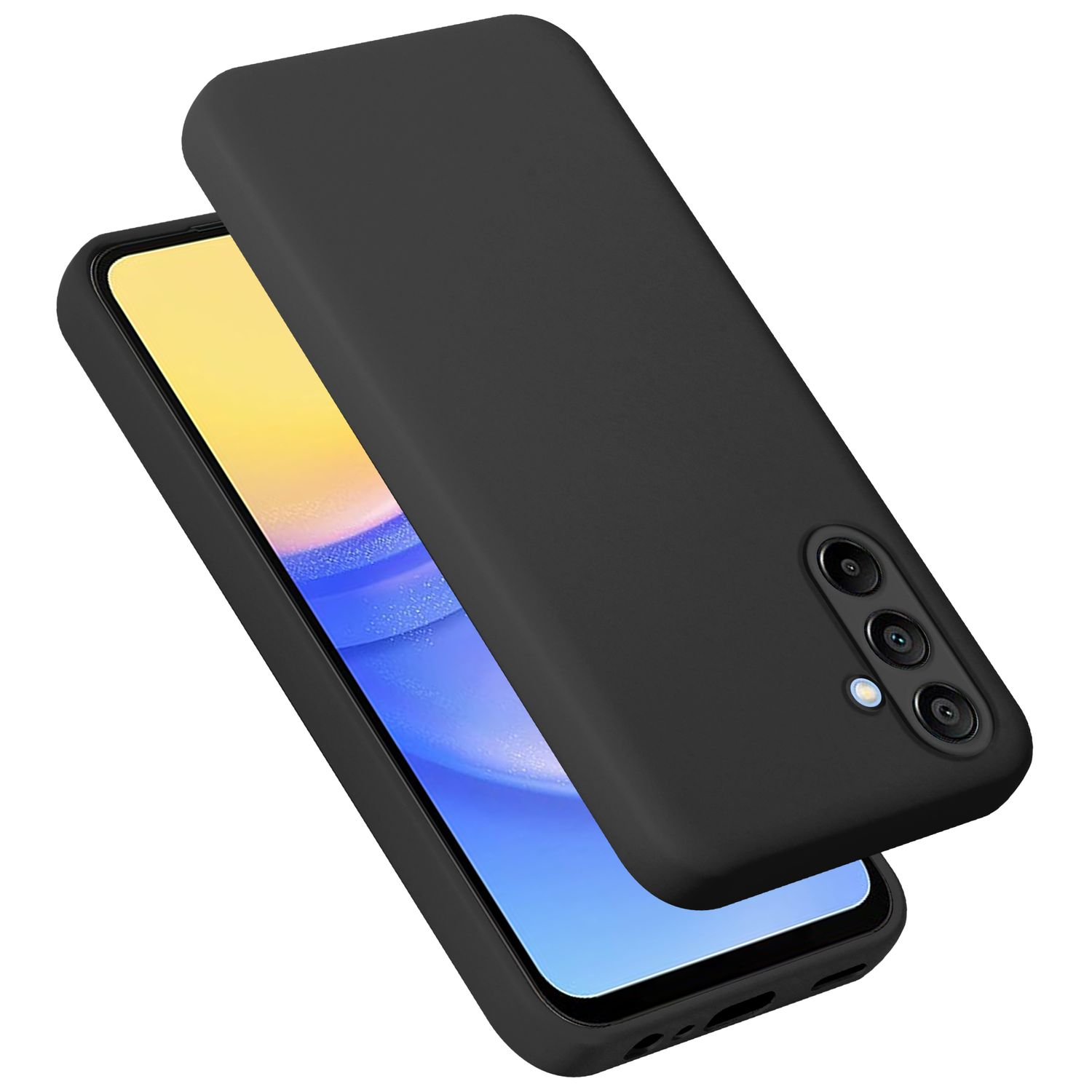Ein schwarzes Telefon mit einer schwarzen Hülle. Das Telefon liegt auf weißem Untergrund, die Hülle darüber.