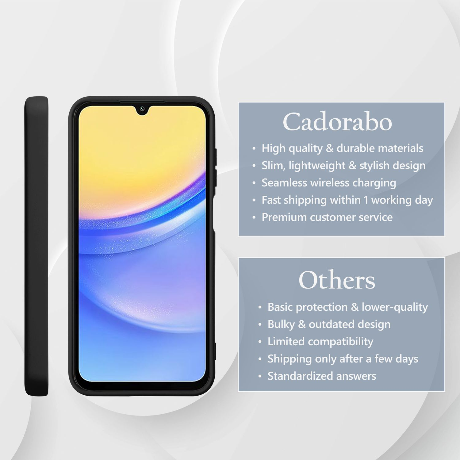 Eine schwarze Handyhülle mit Telefon. Text vergleicht Cadarabos Eigenschaften mit anderen: hohe Qualität und Design.
