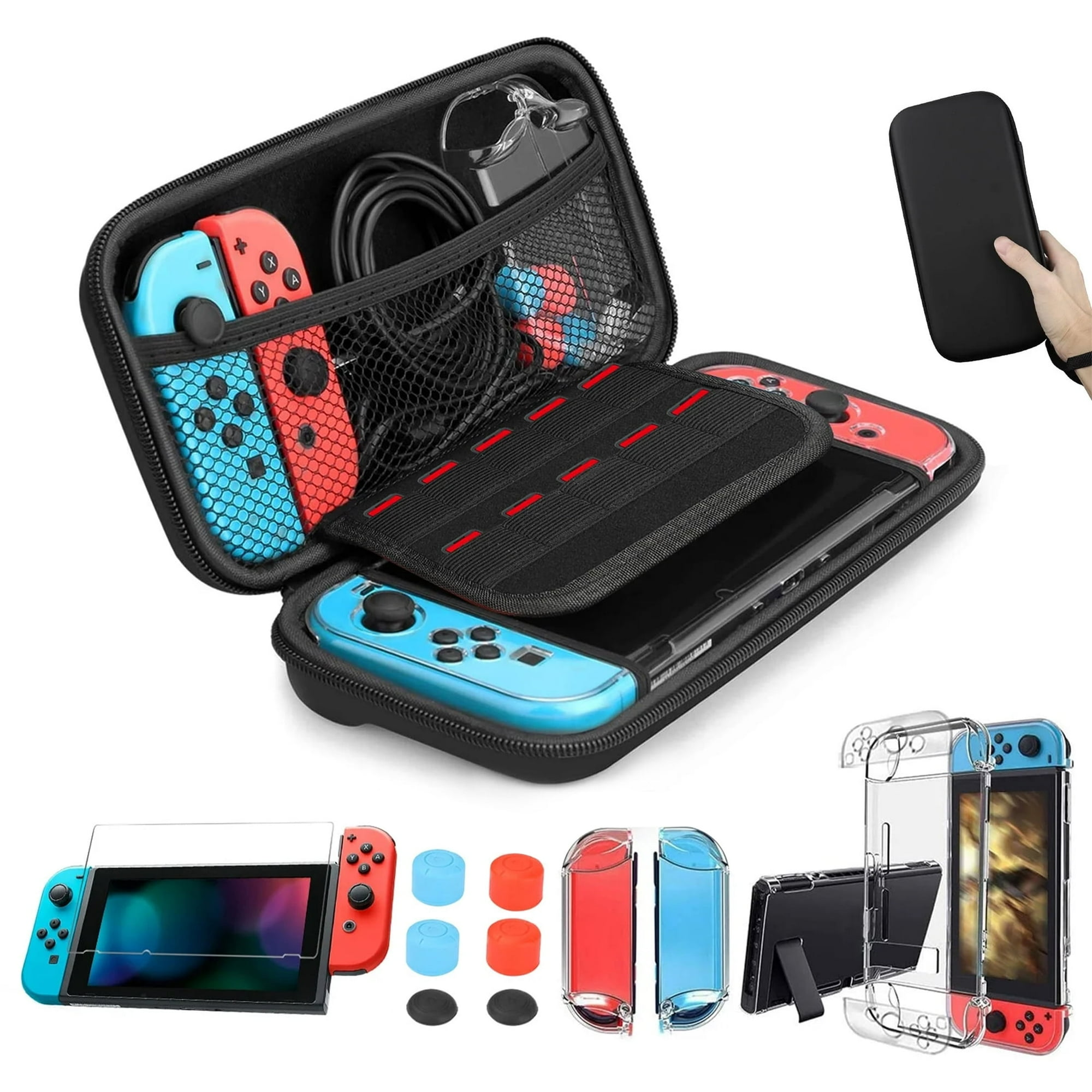 Offene schwarze Hülle mit Switch-Zubehör: Controller, Displayschutz und Hüllen.