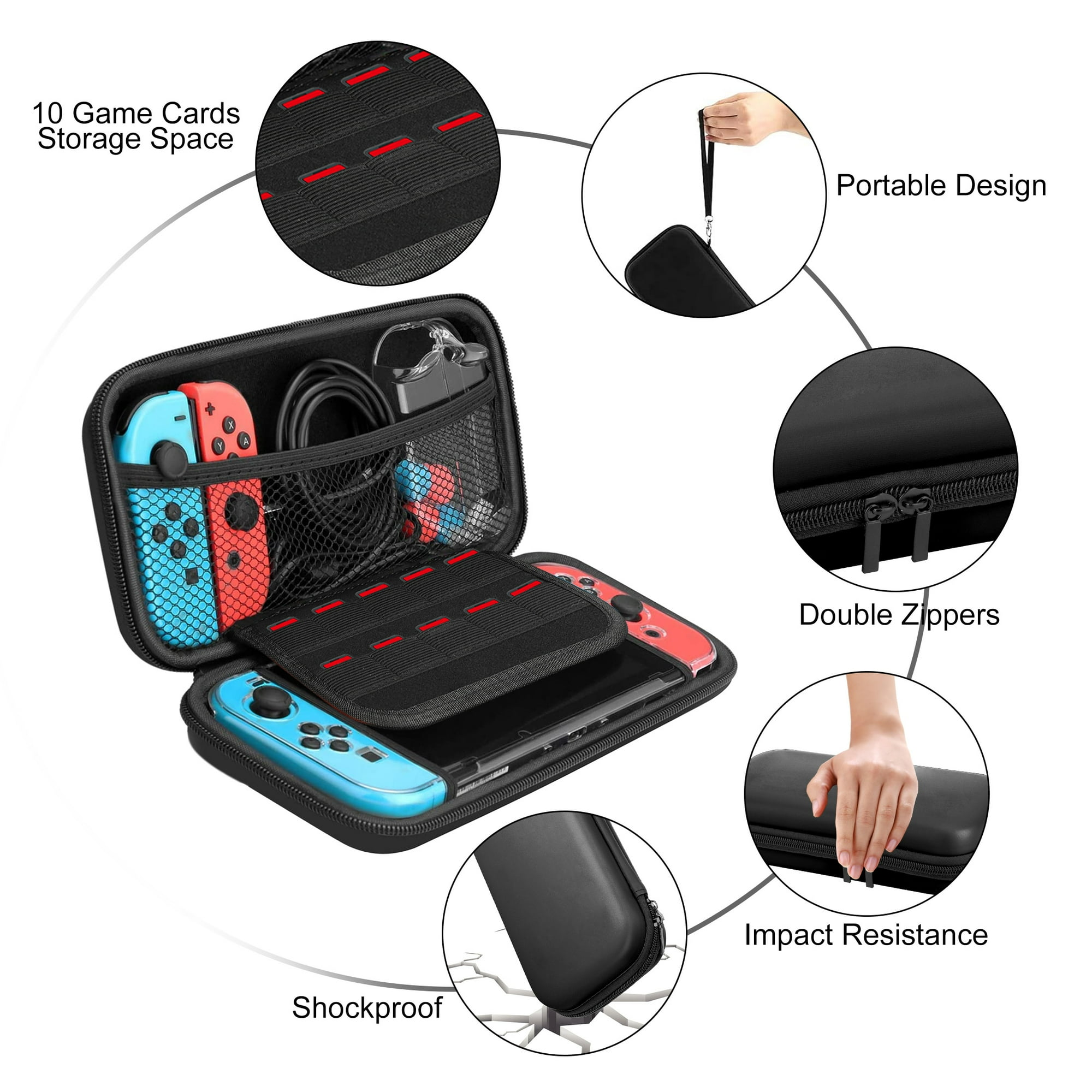 Schwarzes Etui mit roten und blauen Gamecontrollern und Kabeln, mit 10 Kartenfächern.