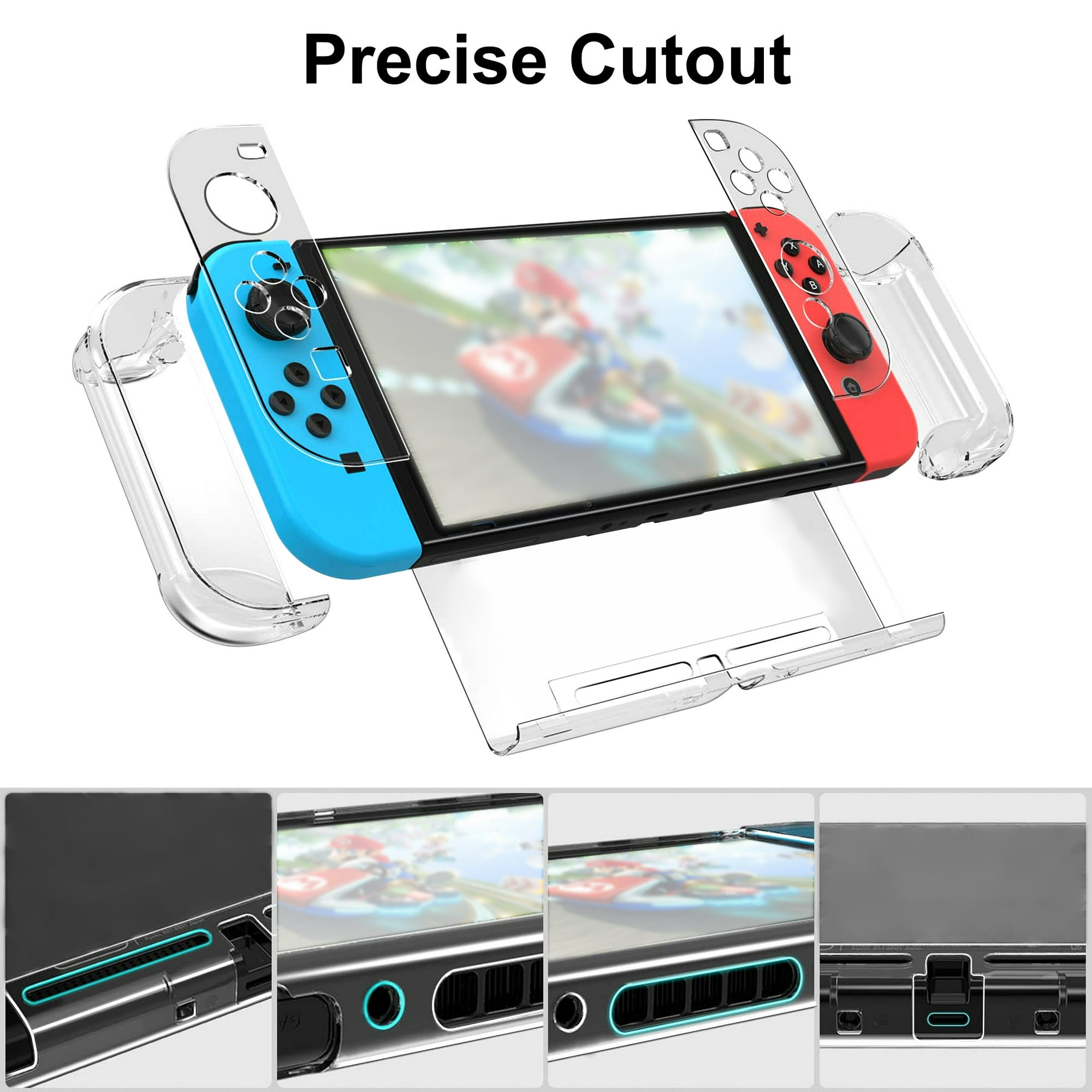 Transparente Schutzhülle mit Switch-Konsole und Controllern. Hintergrund zeigt Details.