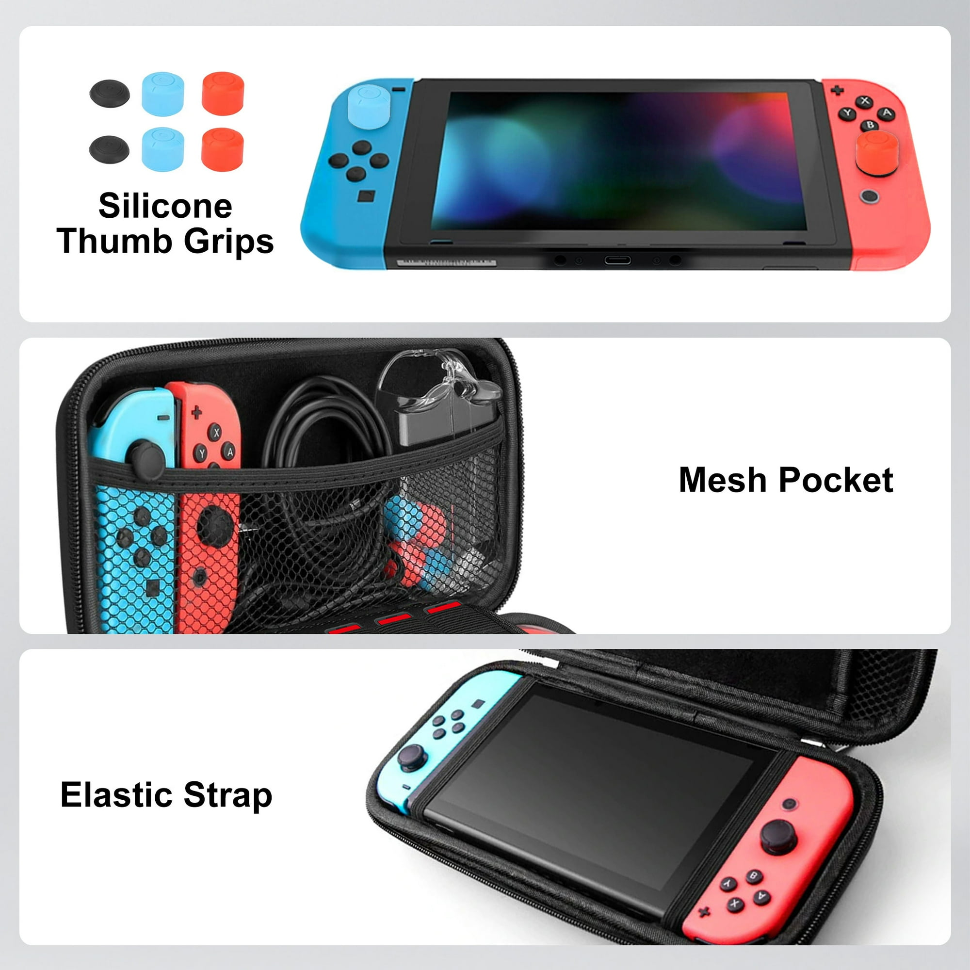 Eine Nintendo Switch mit Zubehör in einem Case, einschließlich Daumengriffen und einer Netztasche.