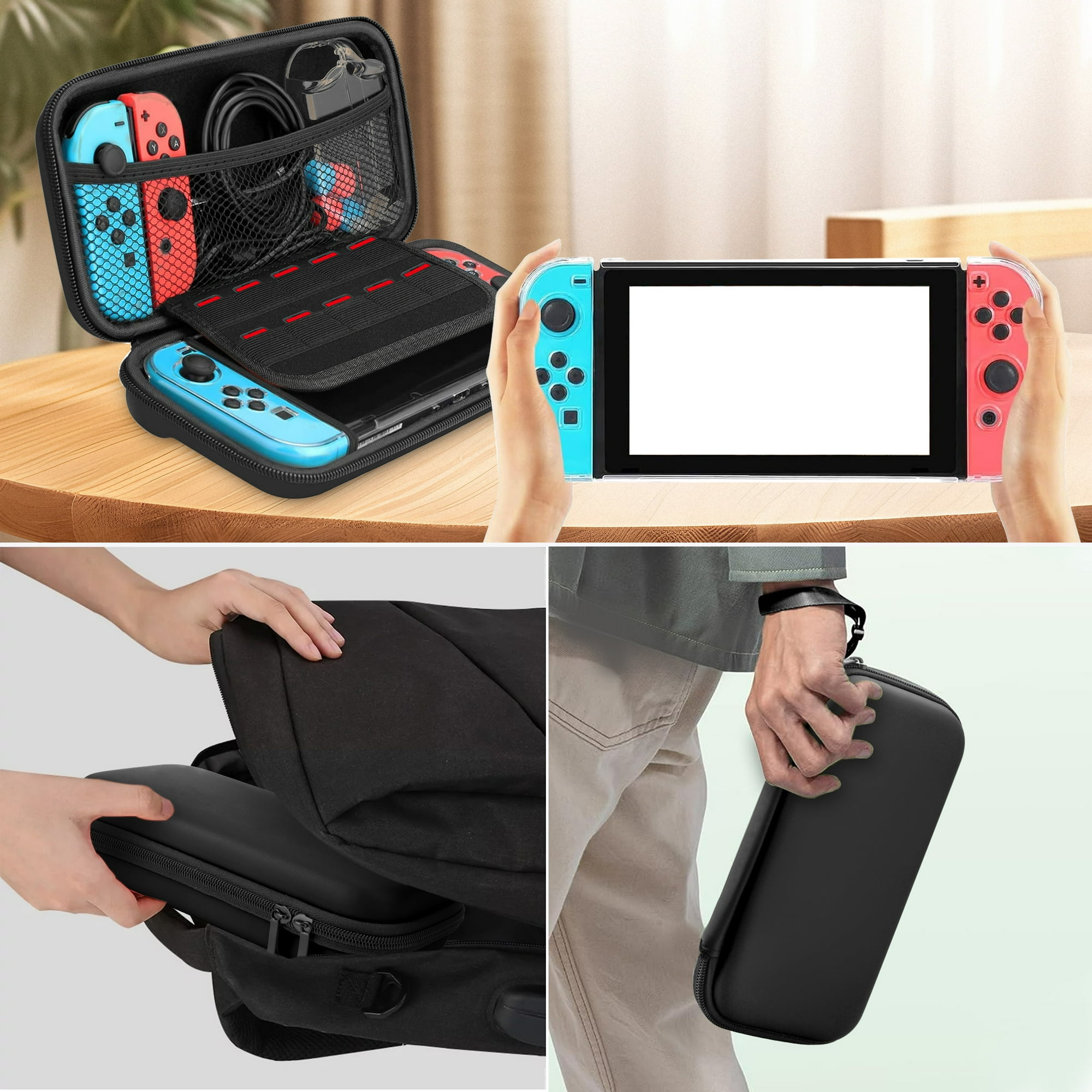 Vier Bilder, die eine Switch-Hülle, Switch und Zubehör zeigen. Die Hülle ist schwarz und hat einen Griff.