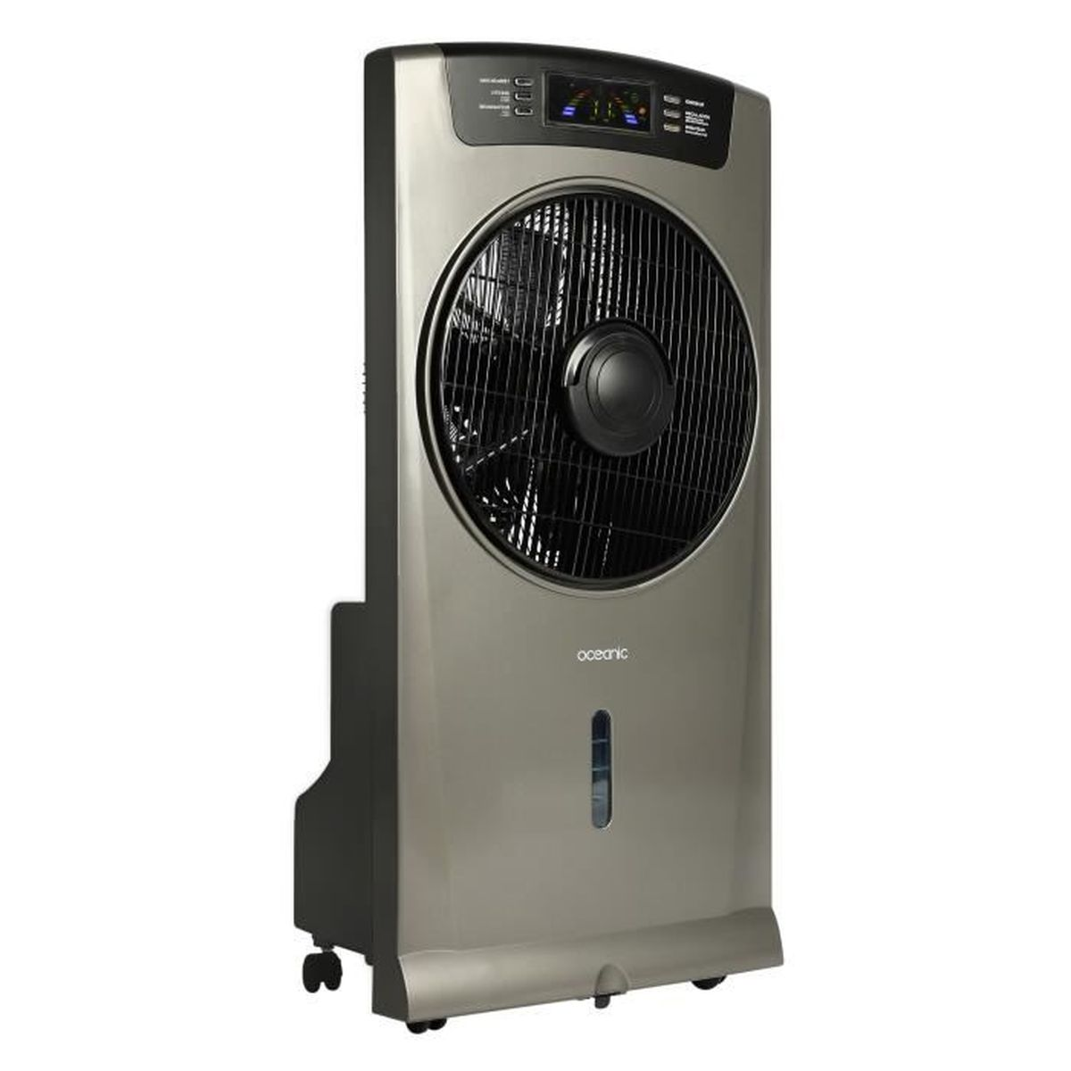 Ein silberner und schwarzer Luftkühler-Ventilator. Er hat einen Ventilator, ein Display, einen Wasserstand und einen schwarzen Grill.