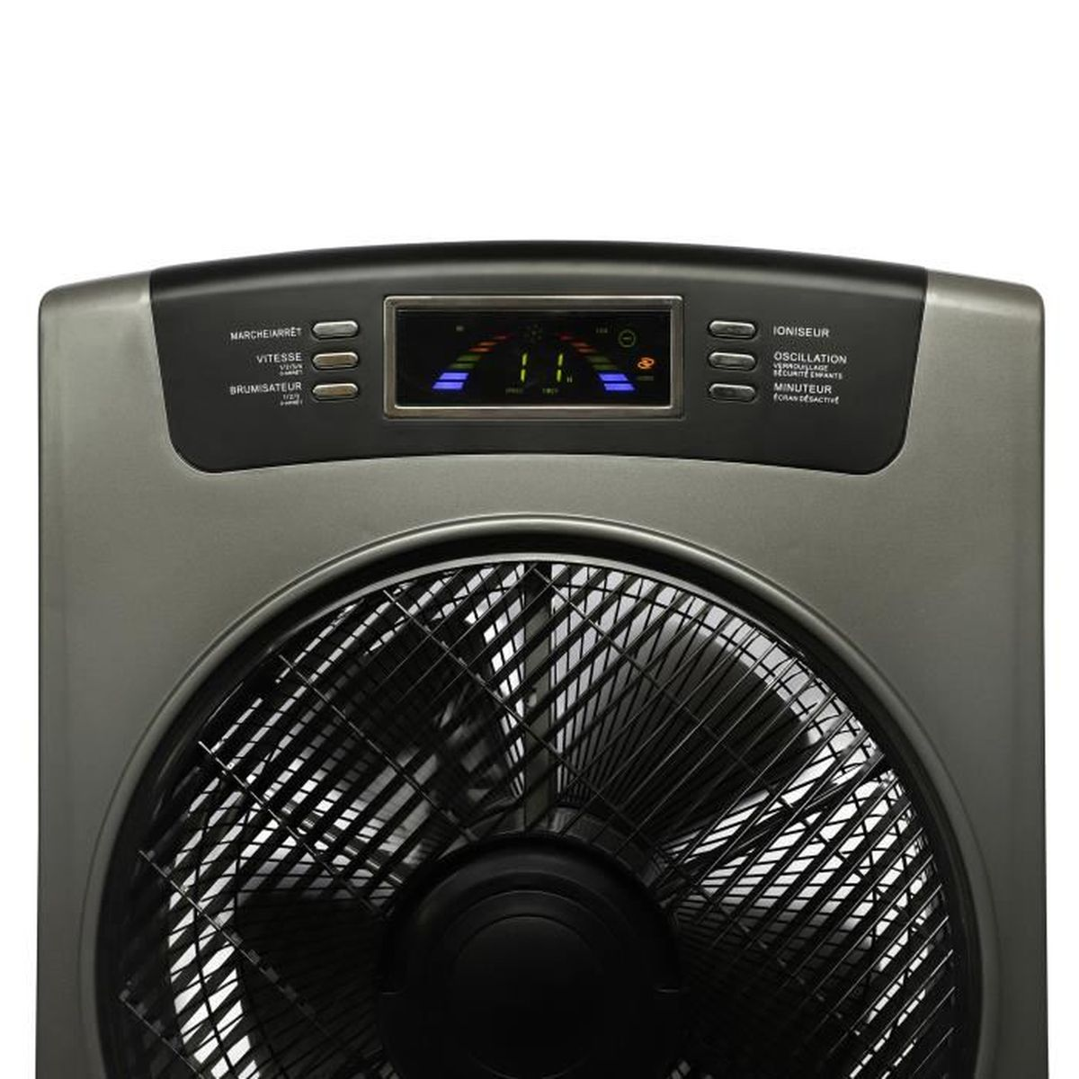 Grauer Ventilator mit Bedienfeld. Schwarze Lüfterflügel sind sichtbar.