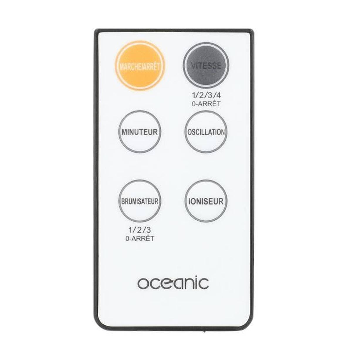 Weiße Fernbedienung mit Tasten: Ein/Aus, Geschwindigkeit, Timer, Oszillation, Nebel und Ionisator. Marke Oceanic.