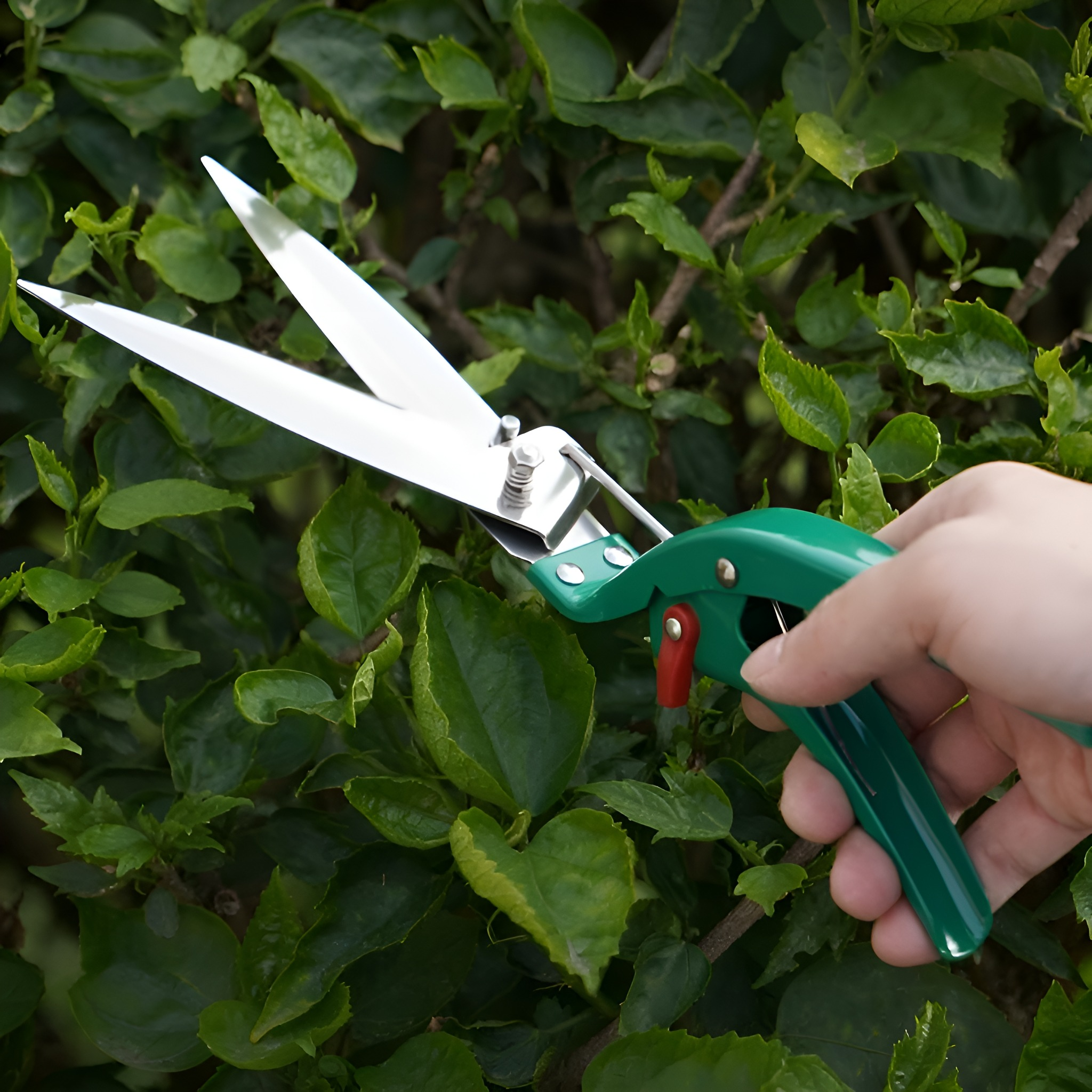 Schere schneidet eine grüne Hecke, die von einer Hand gehalten wird.