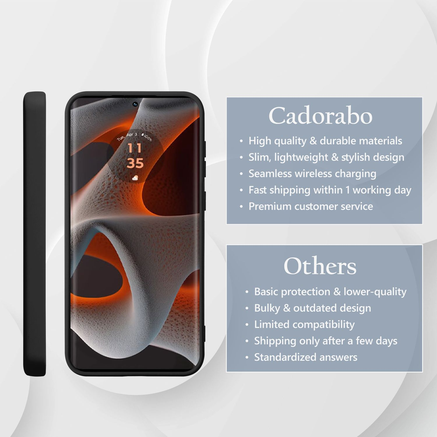 Schwarzes Telefon mit Text über die Marke und Funktionen. Weißer und grauer Hintergrund.