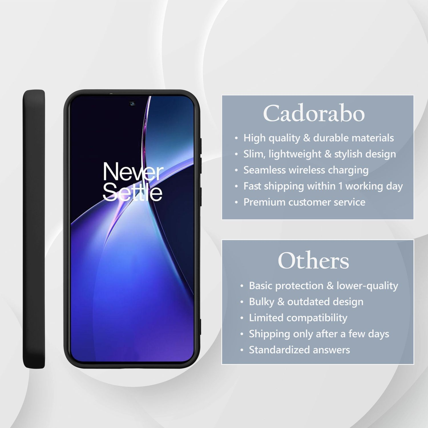Ein schwarzes Telefon mit Hülle und Text, der die Hülle mit anderen vergleicht und Funktionen hervorhebt.