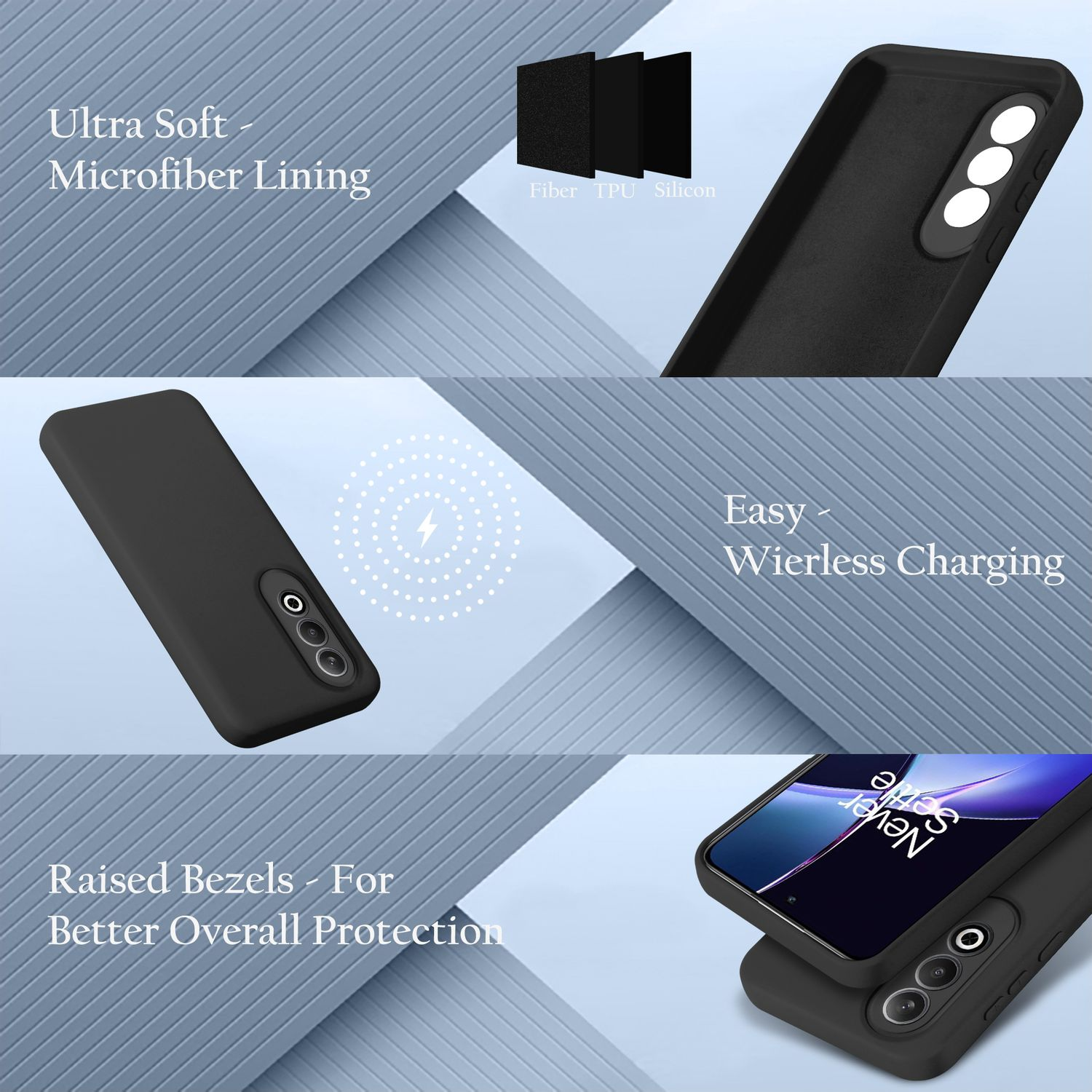 Schwarze Handyhülle mit mehrschichtigem Faser-, TPU- und Silikondesign, kabellose Ladefunktion.